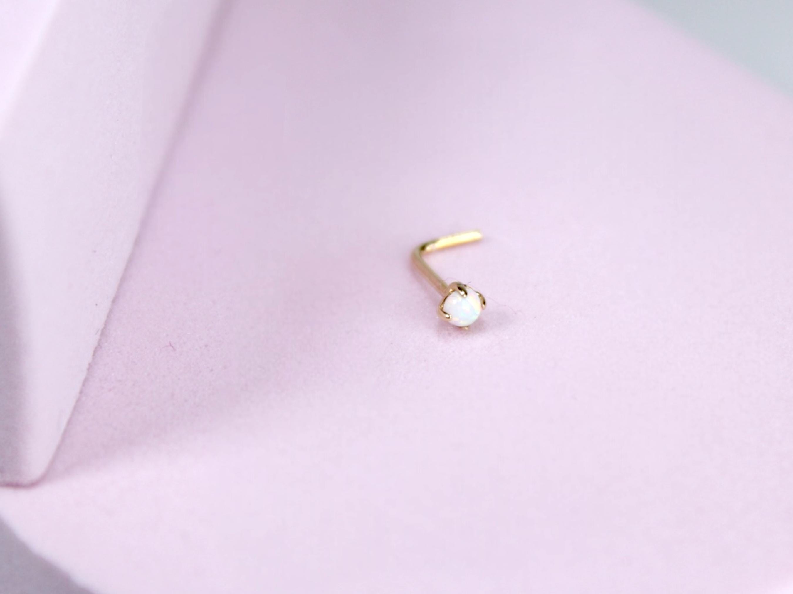 14K Gold Opal Nose Stud, White Opal L-Shaped Nose Ring, 20G Solid Gold Piercing Jewelry, Minimalist Dainty Nose Stud, Gold Body Jewelry