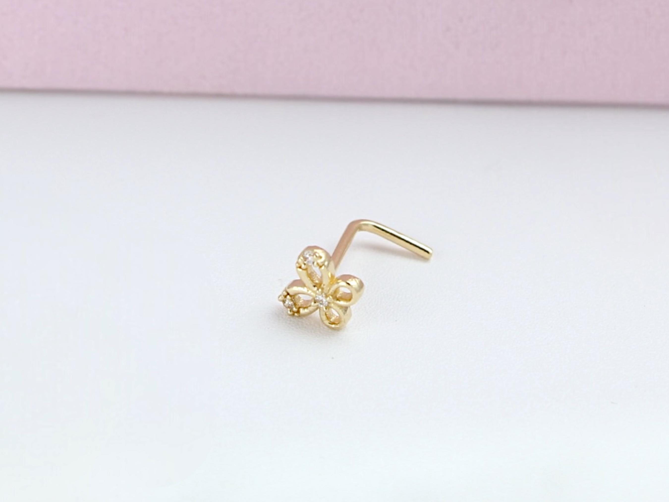 14k Gold Butterfly Nose Stud, Dainty Gold L Shape Sparkling Nose Ring Piercing, 20g Solid Yellow Gold Nose Jewelry, Minimalist Nose Jewelry