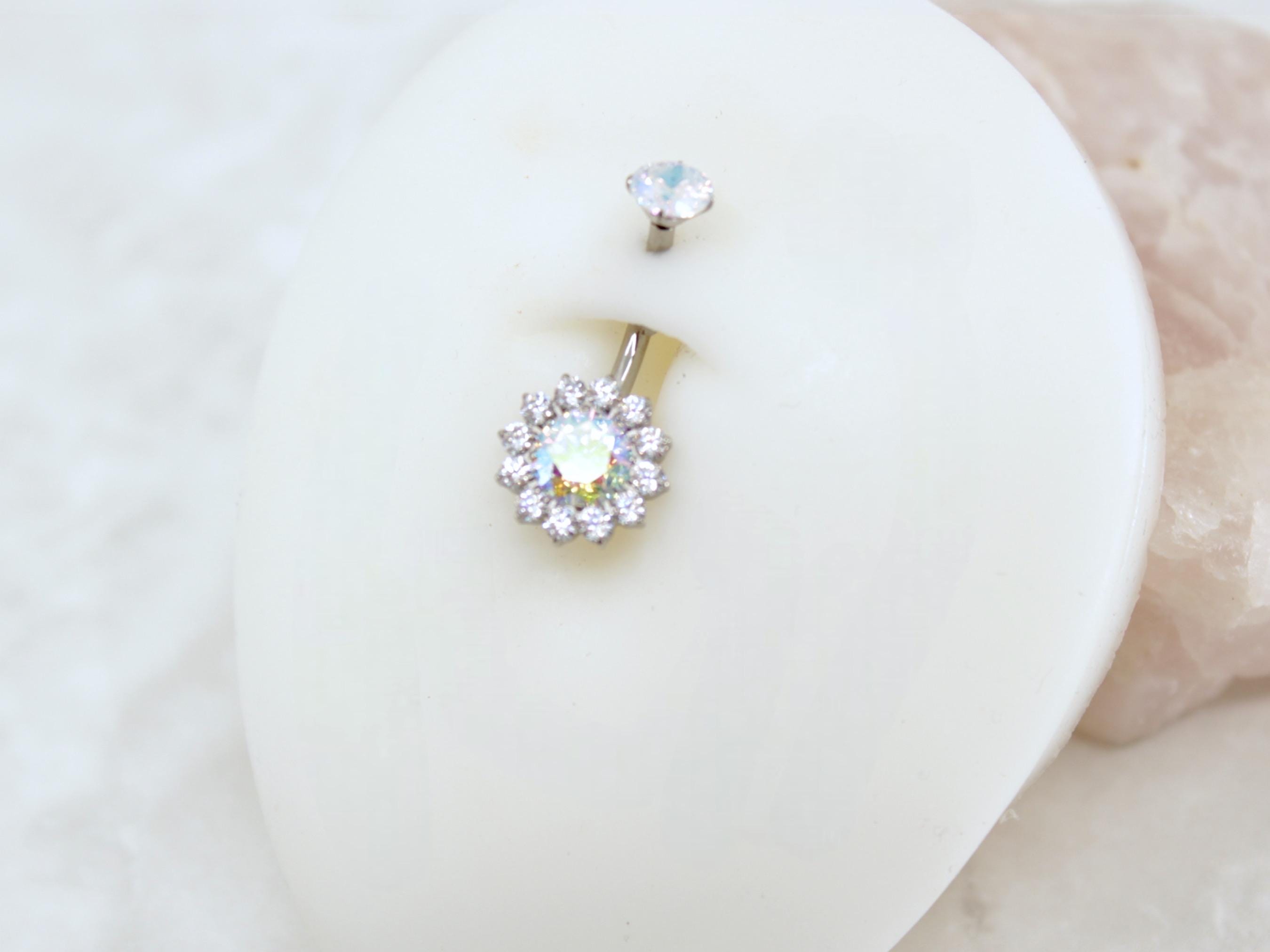 Aurora Borealis CZ Sunburst Belly Button Ring , 14g Titanium Silver Floating Navel Ring Piercing, Sparkly Crystal Body Jewelry,