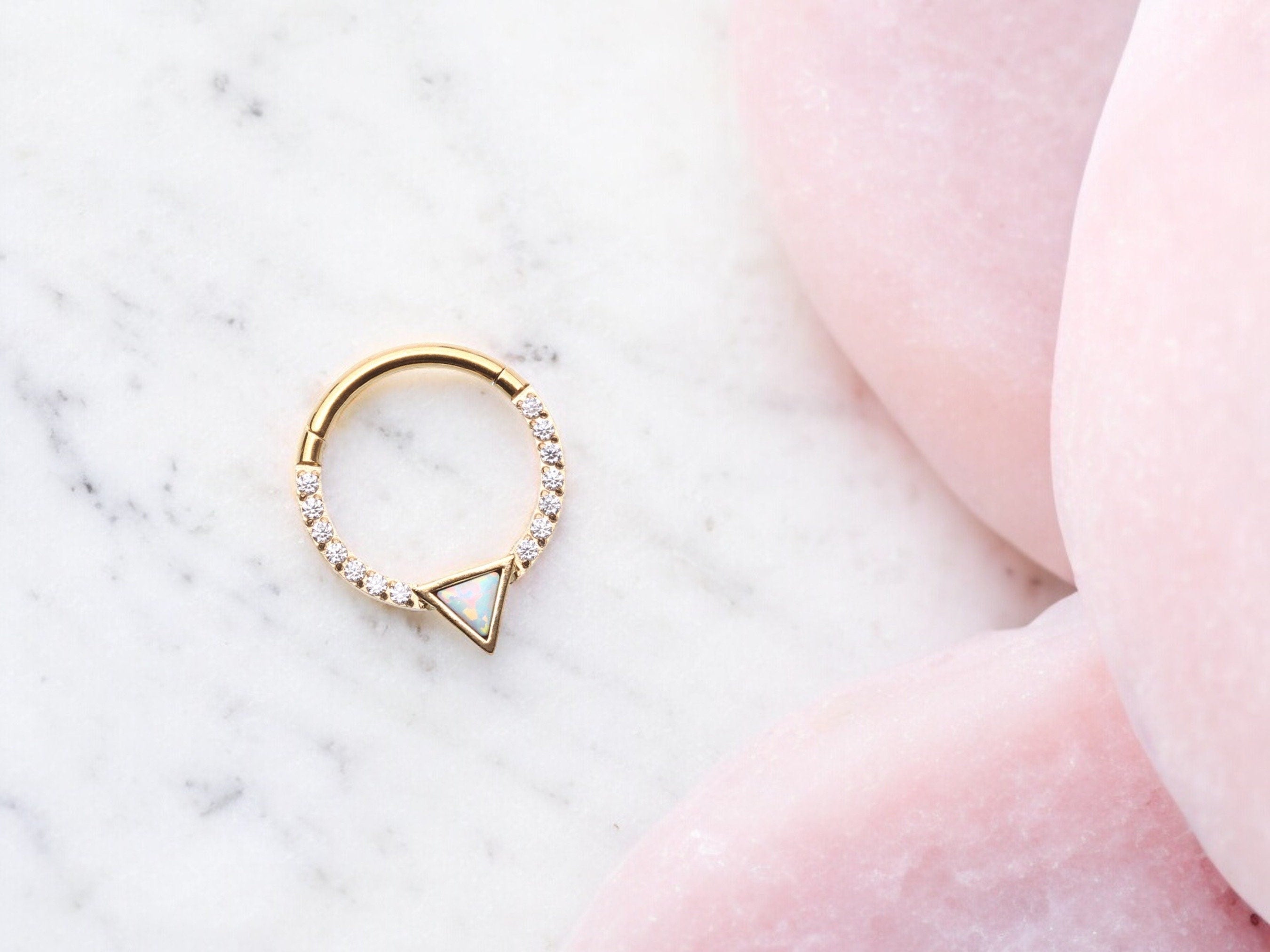 16g Gold Opal Triangle Multi-Gem Septum Clicker Hoop. CZ V-cut shaped clicker hoop ring. Seamless Septum Ring. Nose Piercing Jewelry.