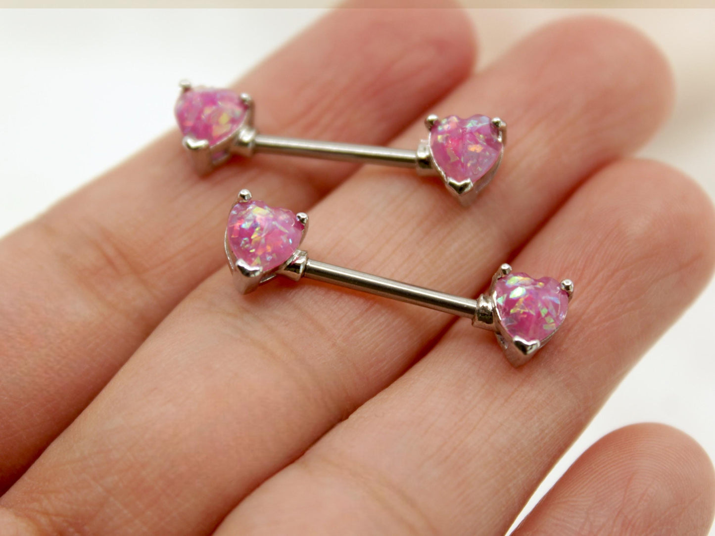 14g Opal Heart Nipple Ring, Pair of Internally Threaded Pink Glitter Nipple Piercing Jewelry, Surgical Steel Body Jewelry.