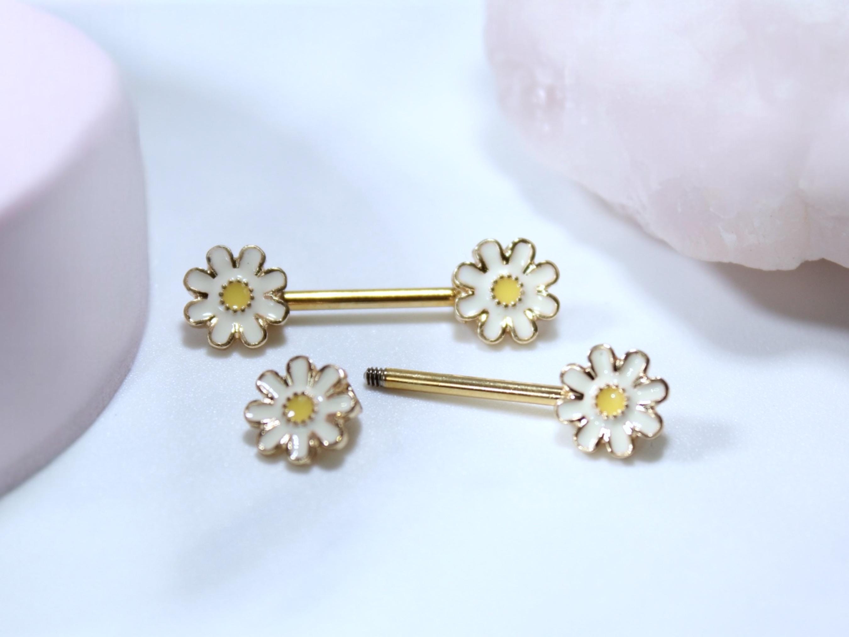 14G Daisy Nipple Barbell, Set of 2 Gold Floral Nipple Ring, Nipple Piercing Jewelry, Customized Personalized Body Jewelry