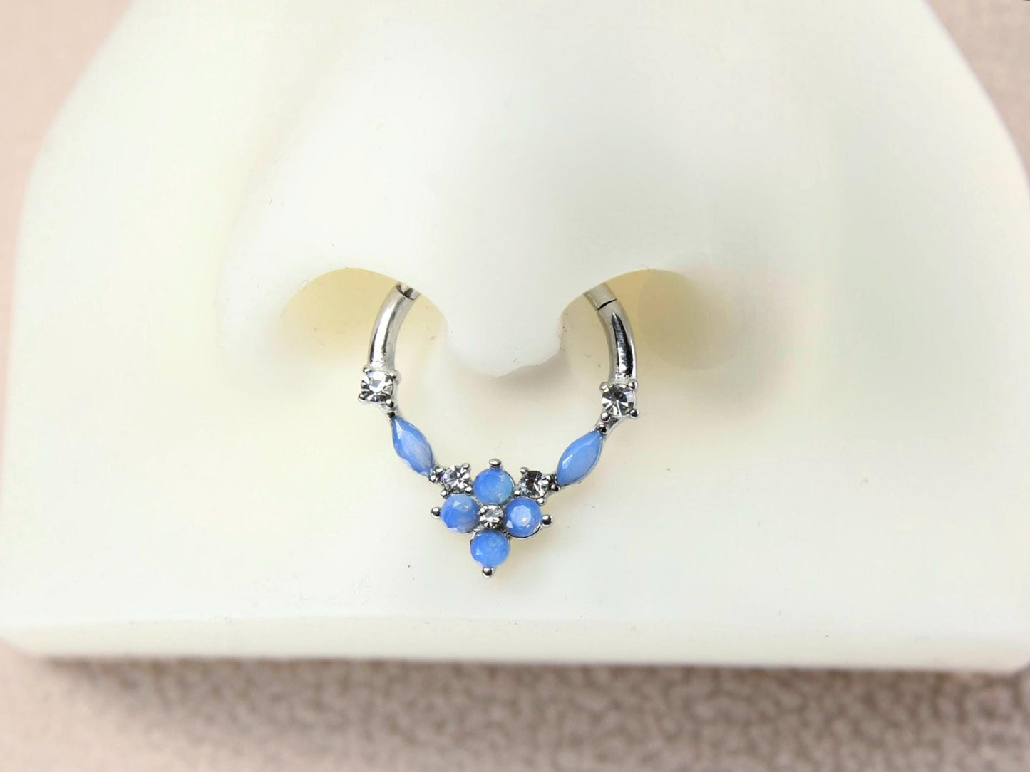 Blue Opal Septum Clicker Ring, 16G Dainty Floral Nose Septum Hinged Hoop Ring, Nose Piercing Septum Ring, Body Piercing Jewelry