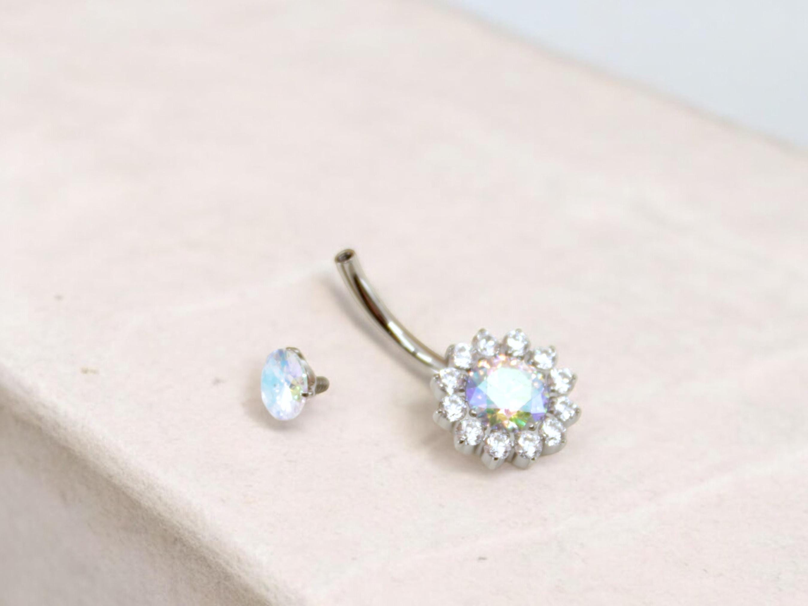 Aurora Borealis CZ Sunburst Belly Button Ring , 14g Titanium Silver Floating Navel Ring Piercing, Sparkly Crystal Body Jewelry,