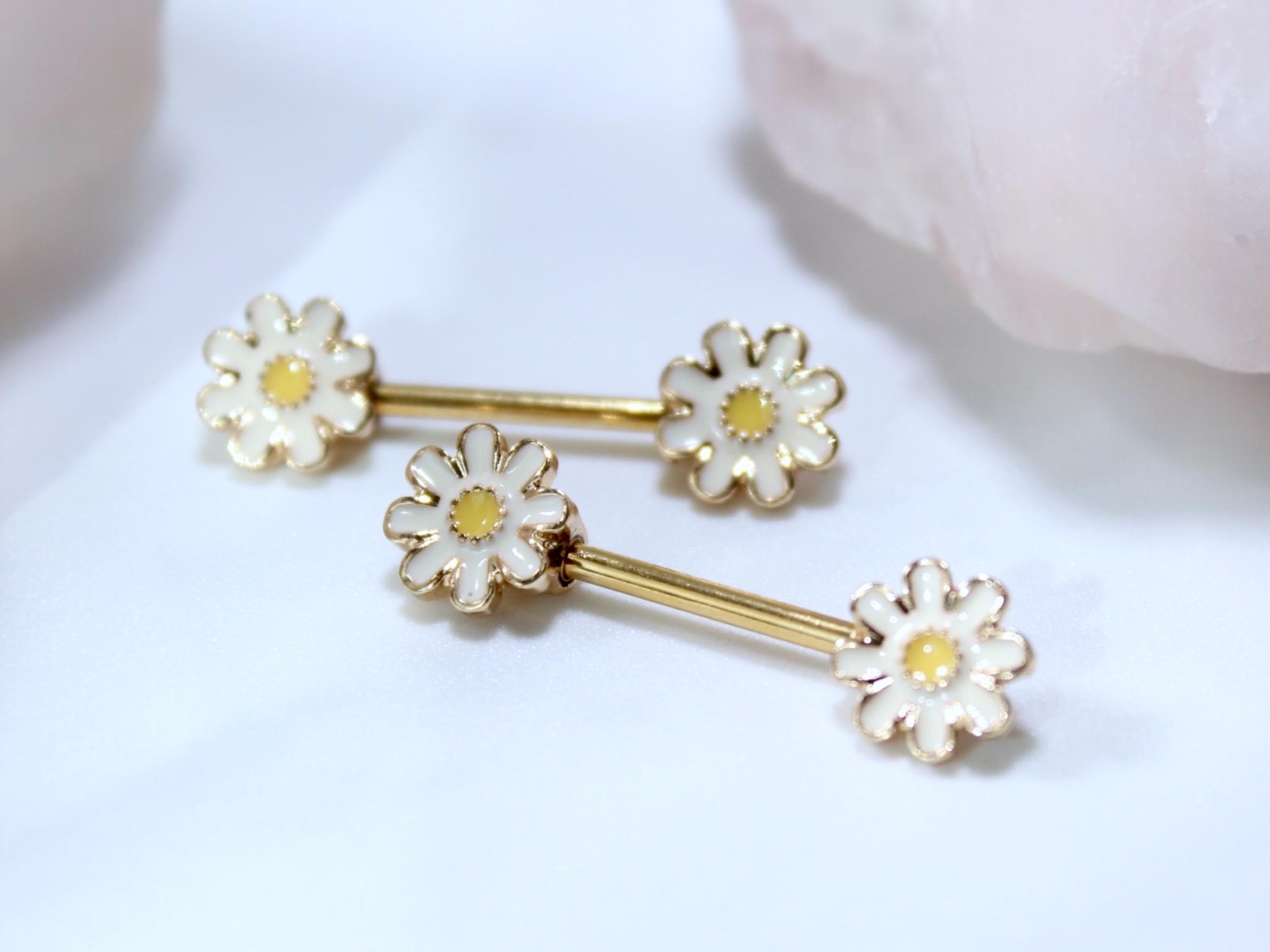 14G Daisy Nipple Barbell, Set of 2 Gold Floral Nipple Ring, Nipple Piercing Jewelry, Customized Personalized Body Jewelry