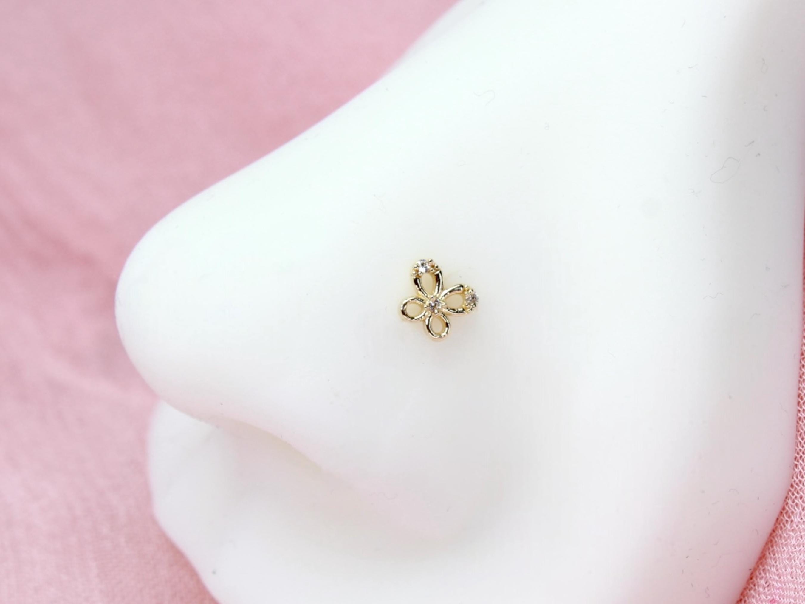 14k Gold Butterfly Nose Stud, Dainty Gold L Shape Sparkling Nose Ring Piercing, 20g Solid Yellow Gold Nose Jewelry, Minimalist Nose Jewelry