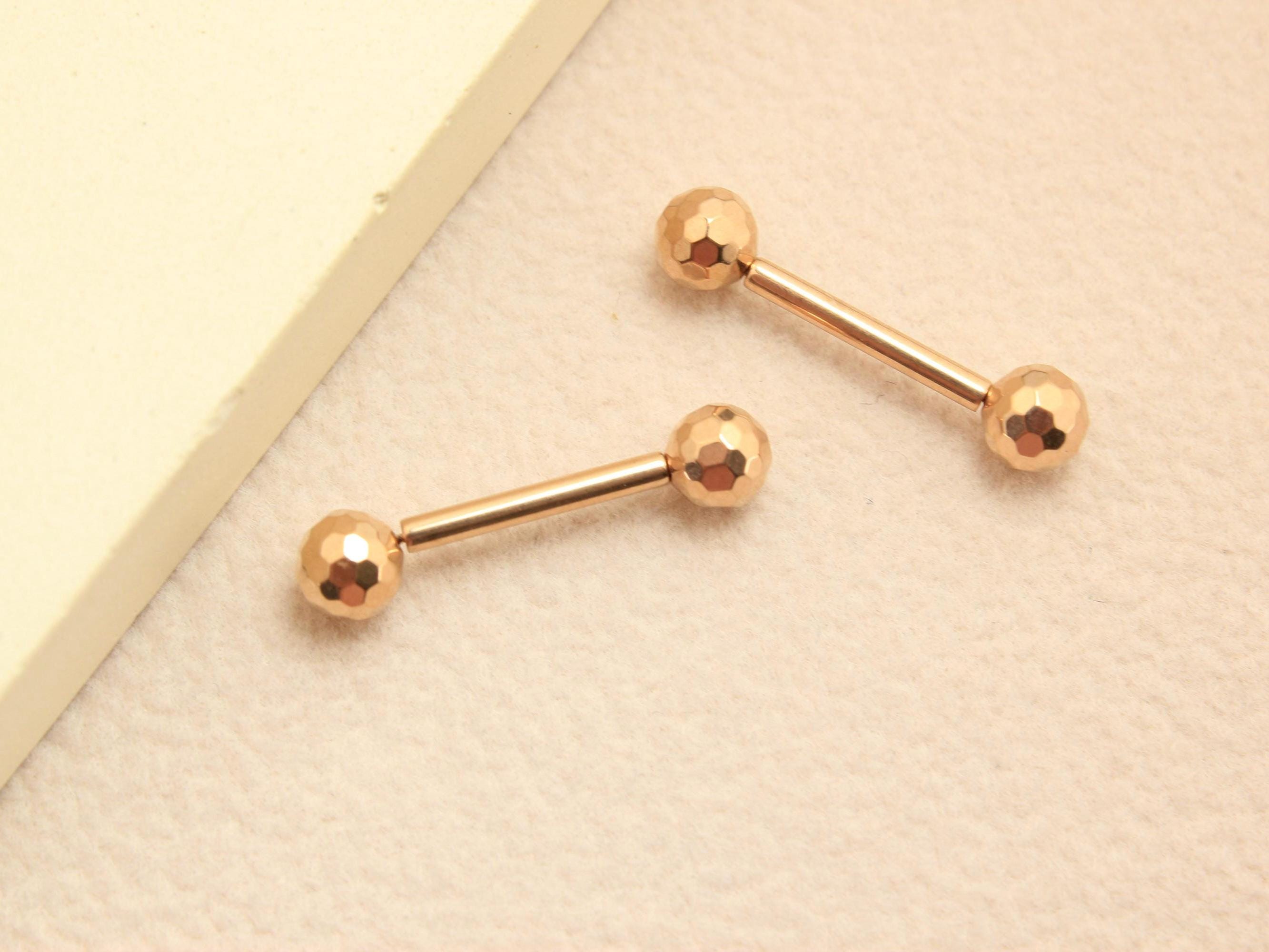 Rosegold Titanium Nipple Barbell, 14G Disco Ball End Threadless Push In Nipple Ring Jewelry,Pair of 2 Nipple Piercing, Push In Body Jewelry