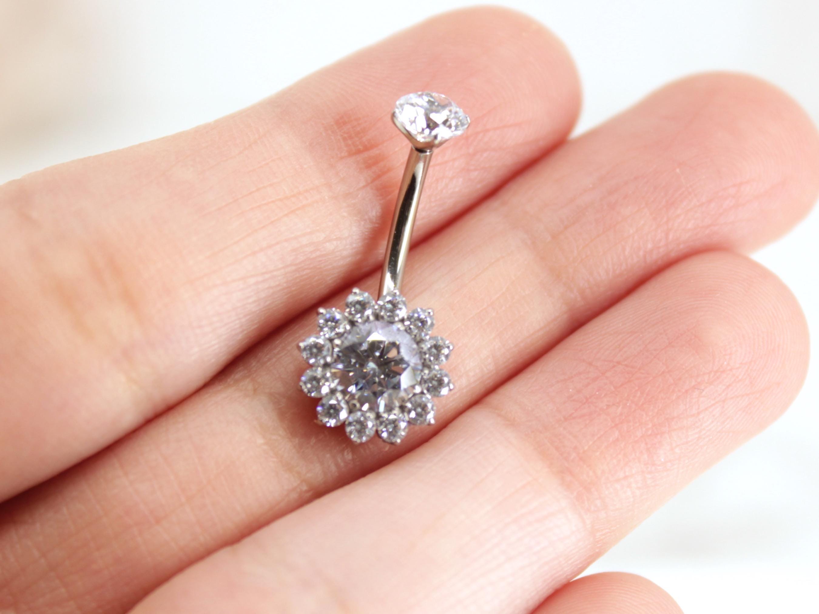 NEW • 14G Titanium Silver Belly Button Ring, Clear Sparkle Gem Floral Decor Belly Button Ring Piercing Jewelry, Navel Piercing Ring
