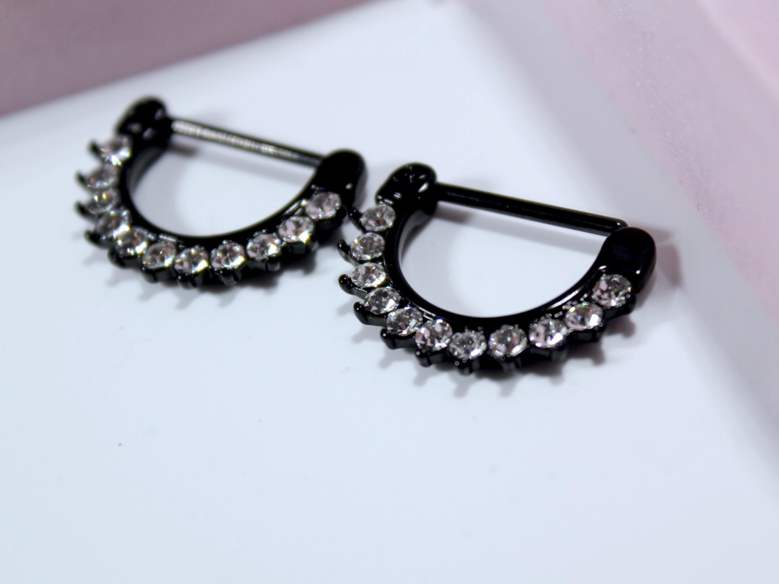 Black Dangle Nipple Ring,  Pair of Black CZ Hinged Clicker Nipple Barbell,  14g Nipple Barbell Piercing Jewelry, Body Jewelry
