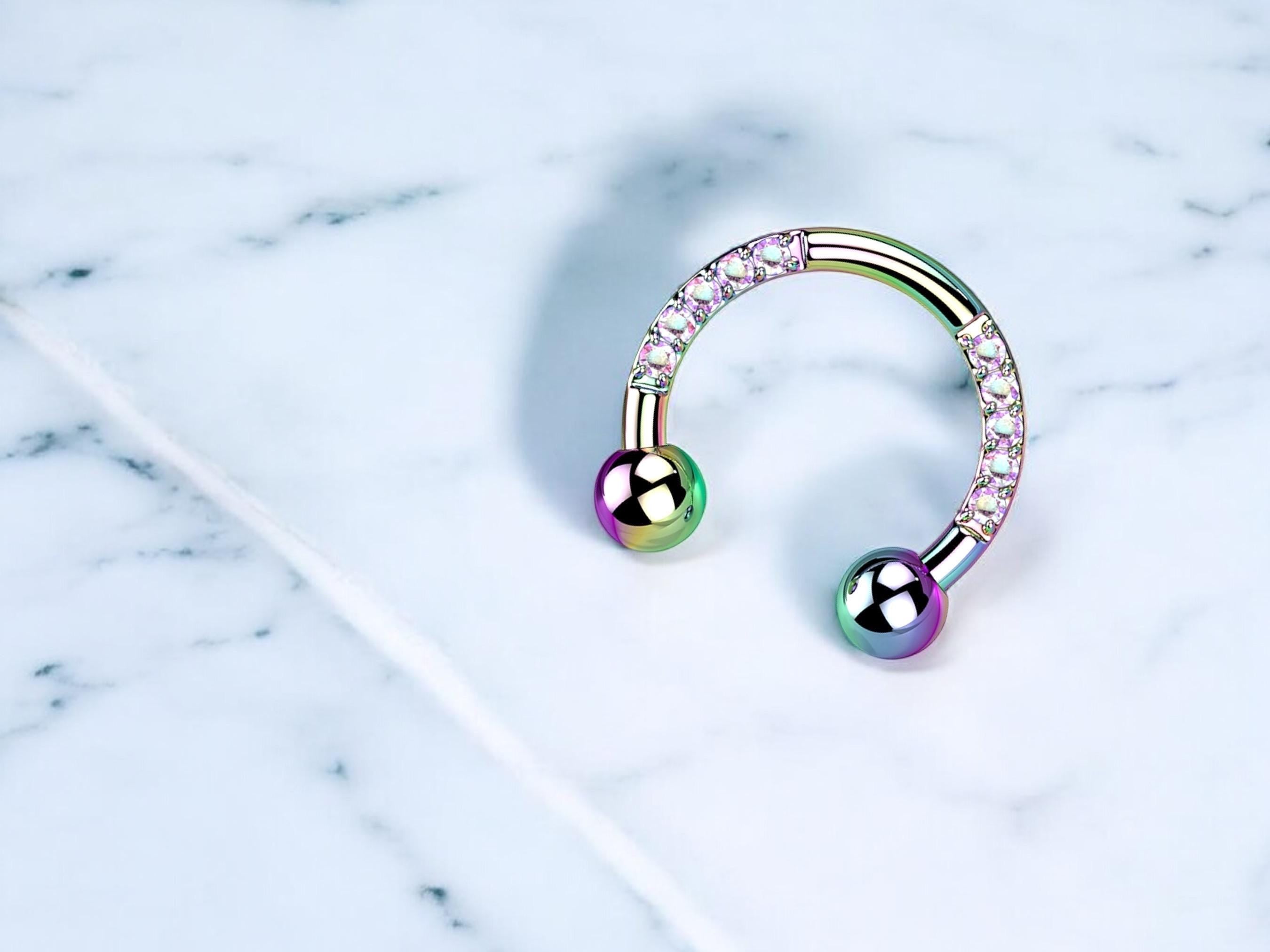 Titanium Horseshoe Rainbow Septum Ring with CZ Crystals, 16g Front Facing Gems Septum Ring, Multicolor Hinged Septum Clicker,