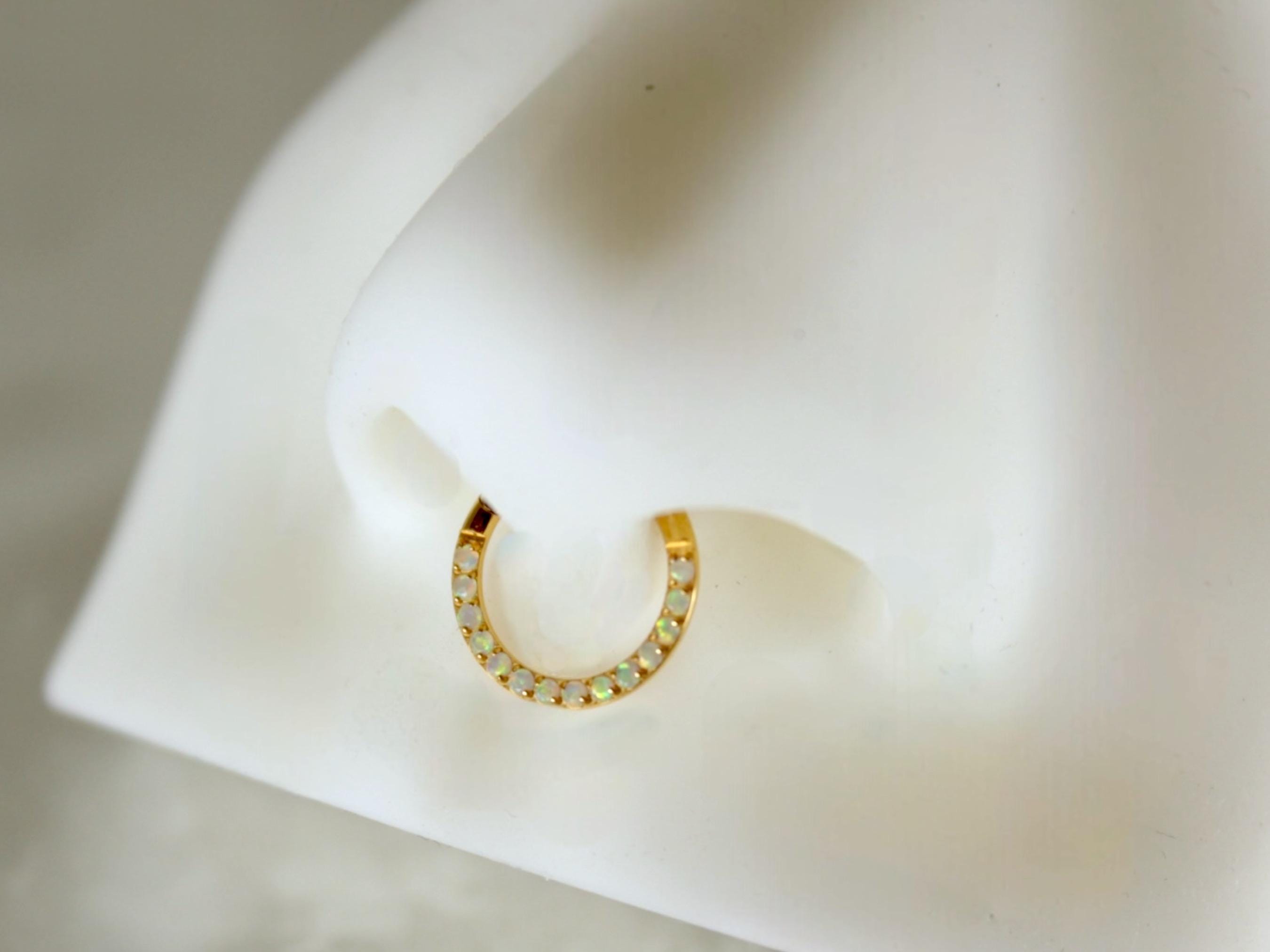Titanium Septum Clicker Ring, 16g Dainty Gold Septum Hoop Ring, Opal Gem Hinged Segment Septum Piercing Jewelry, Nose Piercing Jewelry