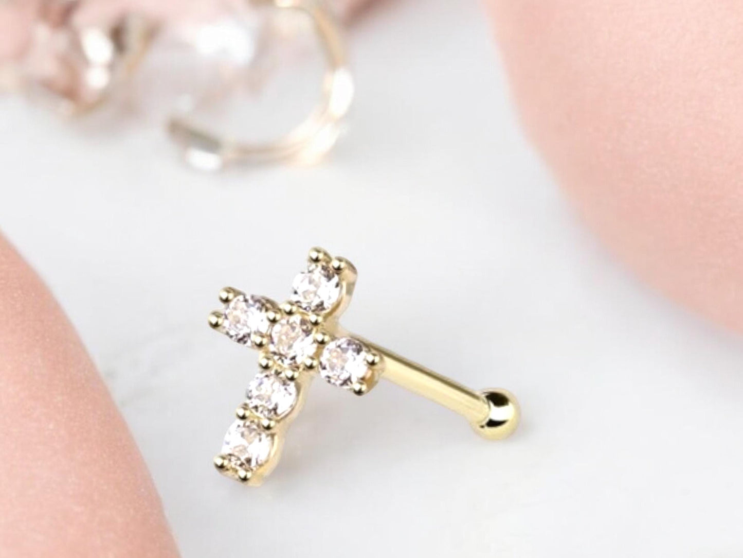 14K Gold Cross Nose Stud, Sparkle Gem Cross Decor Top Nose Bone Stud, Nose Piercing Stud Jewelry, 20g Gold Nose Stud