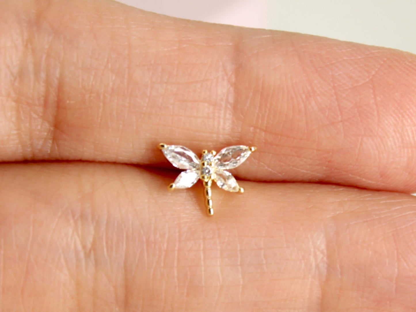 18G Dainty Dragonfly Push In Labret,Titanium Flat Back Stud, Gold Dragonfly Threadless Cartilage, Conch, Tragus Push in Stud.