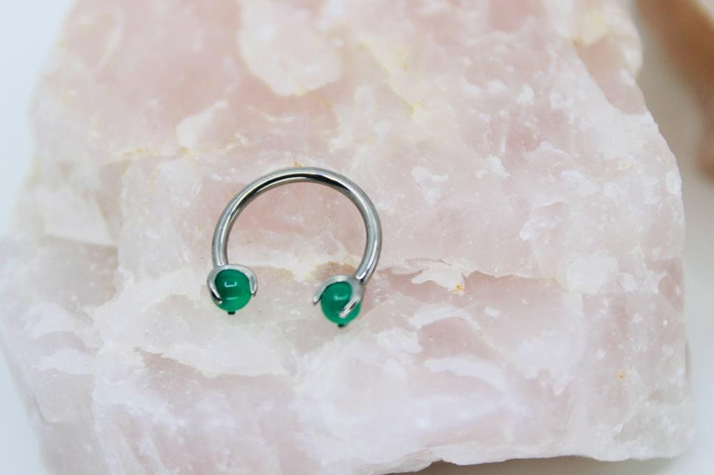 Implant Grade Titanium Natural Stone Jade Green Horseshoe Hoop Ring, Internally Threaded Septum Piercing Hoop Ring, Septum Jewelry Ring