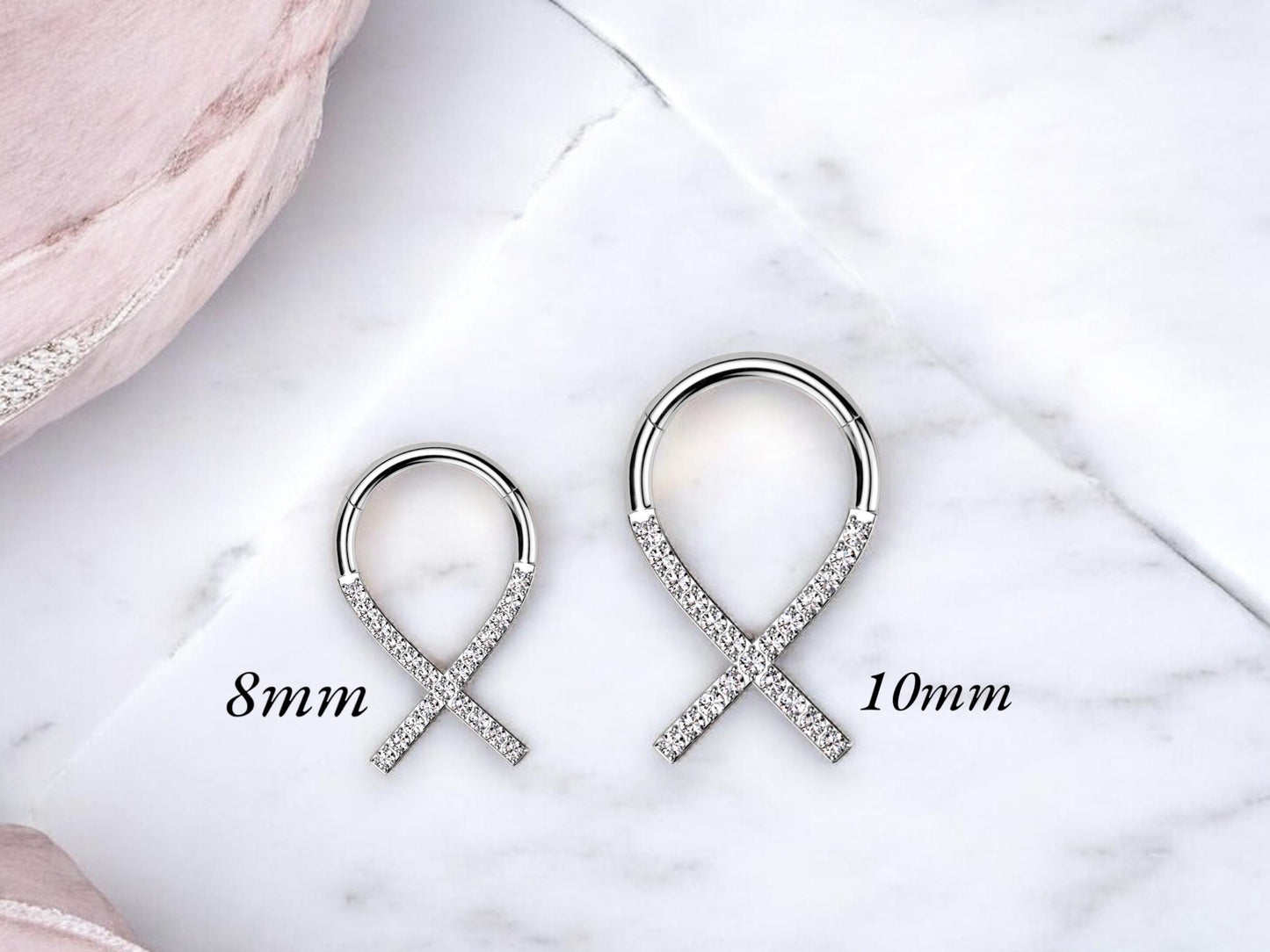 Titanium Septum Clicker Ring, 16g Silver Clear Gems Septum Hinged Hoop Ring, Nose Piercing Jewelry, Dainty Septum Ring