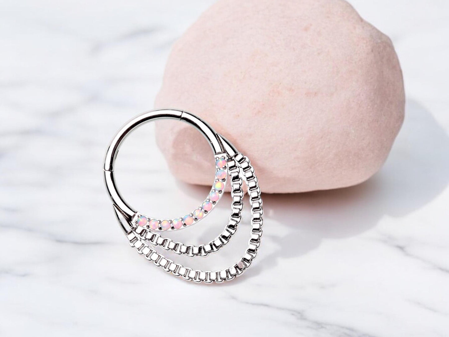 16g Dangling Chain Septum Clicker Ring, Silver Double Chain Sparkling Septum Hoop Ring, Septum nose jewelry, Nose Piercing body Jewelry