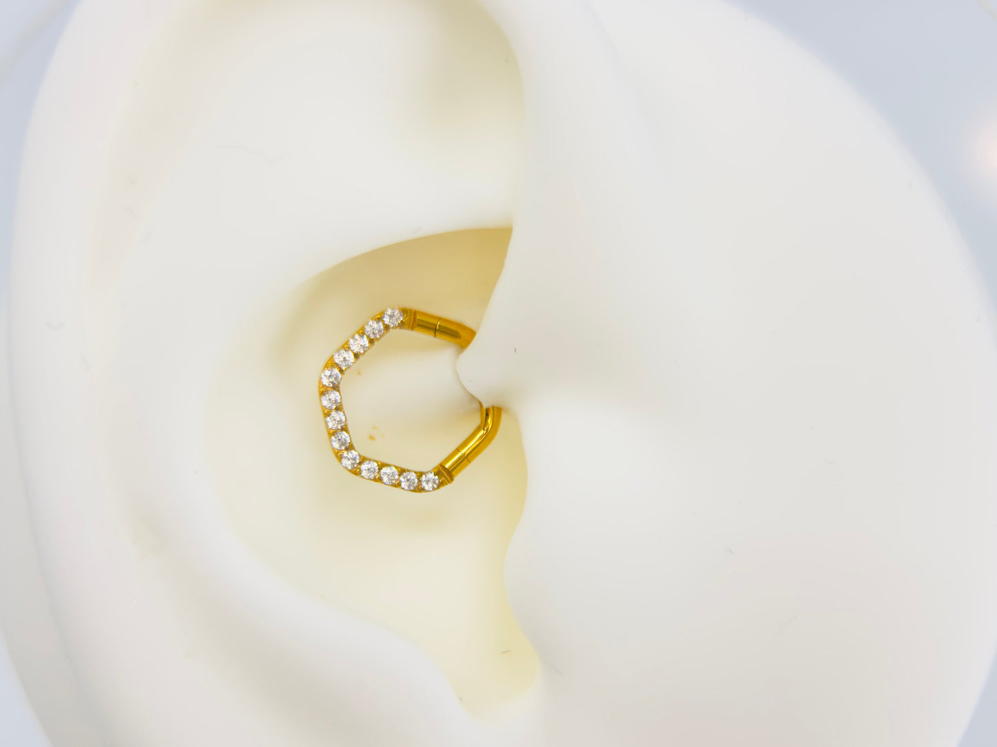 16g Gold Hexagon Septum Ring with CZ Crystals, Elegant Gold Nose Ring, Dainty Hinged Septum Clicker, Hypoallergenic Nose Piercing Jewelry