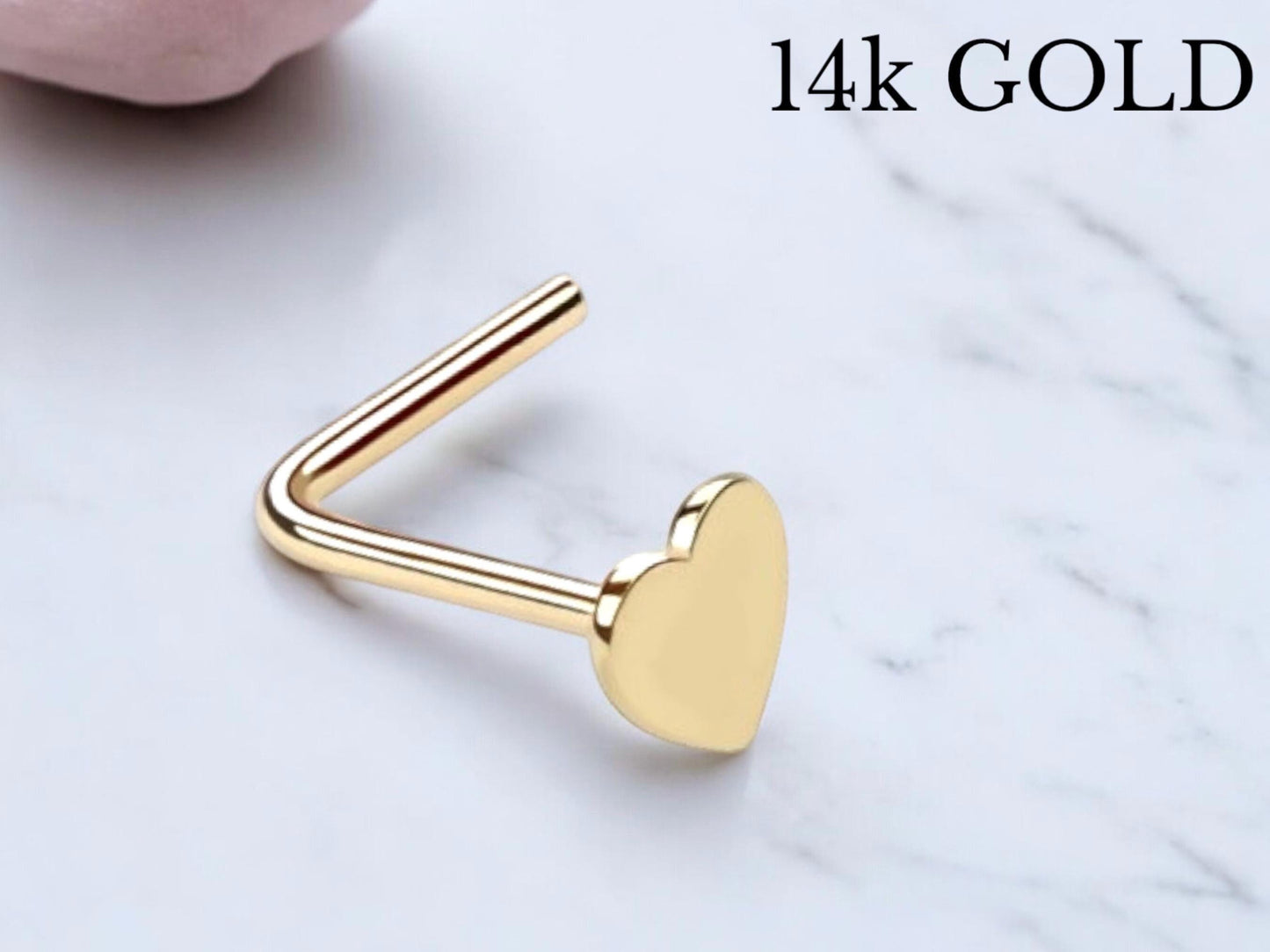 14K Gold Heart Nose Stud, Heart Top Nose Stud, 20g Thin Nose Stud L- Shape Bend Nose Bone Stud, Simple Style Elegant Nose Piercing Jewelry