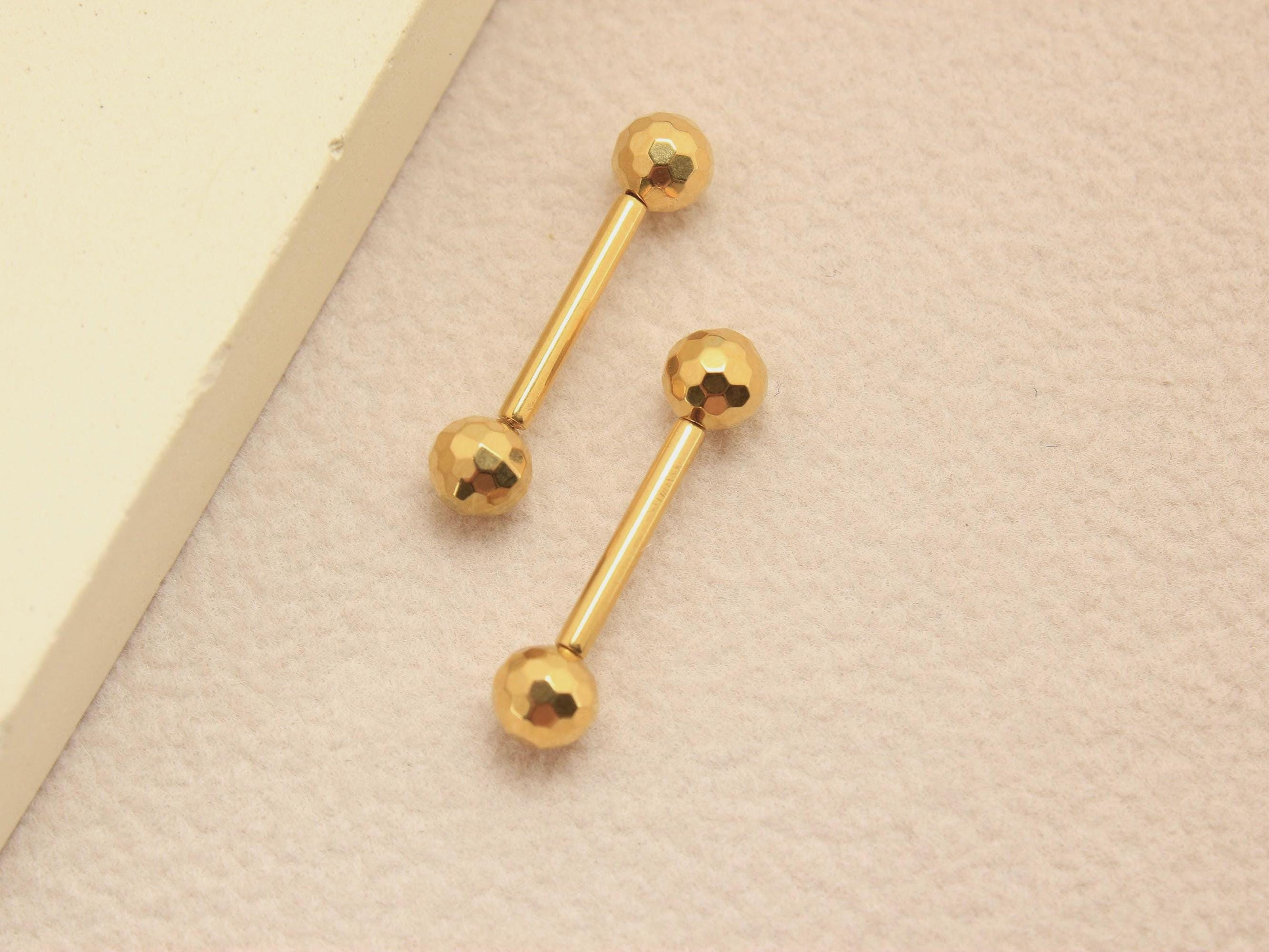 Gold Titanium Nipple Barbell, 14G Disco Ball End Threadless Push In Nipple Ring Jewelry,Pair of 2 Nipple Piercing, Push In Body Jewelry