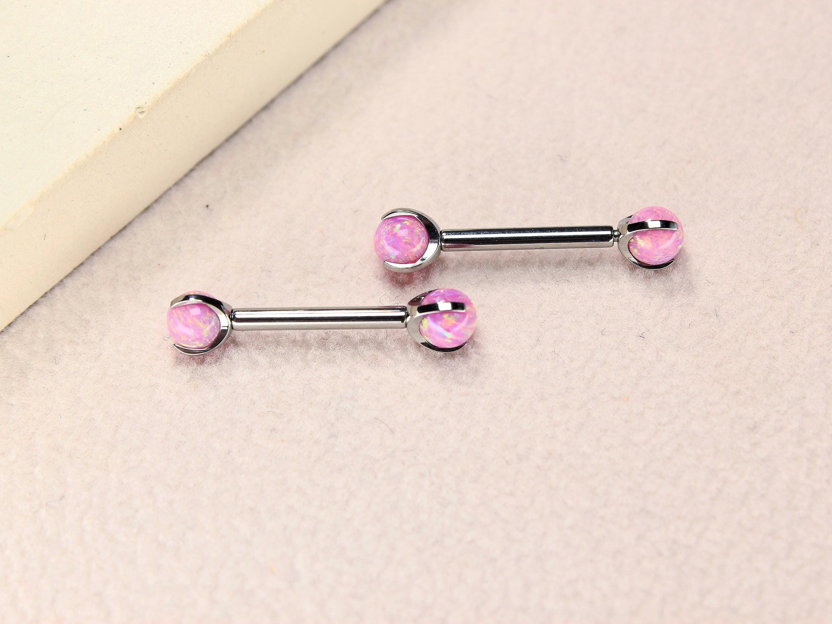 14G Titanium Nipple Barbell, Pink Opal Ball End Nipple Ring Piercing, Pair of Nipple Sheild Body Jewelry, Minimalist Nipple Piercing Jewelry