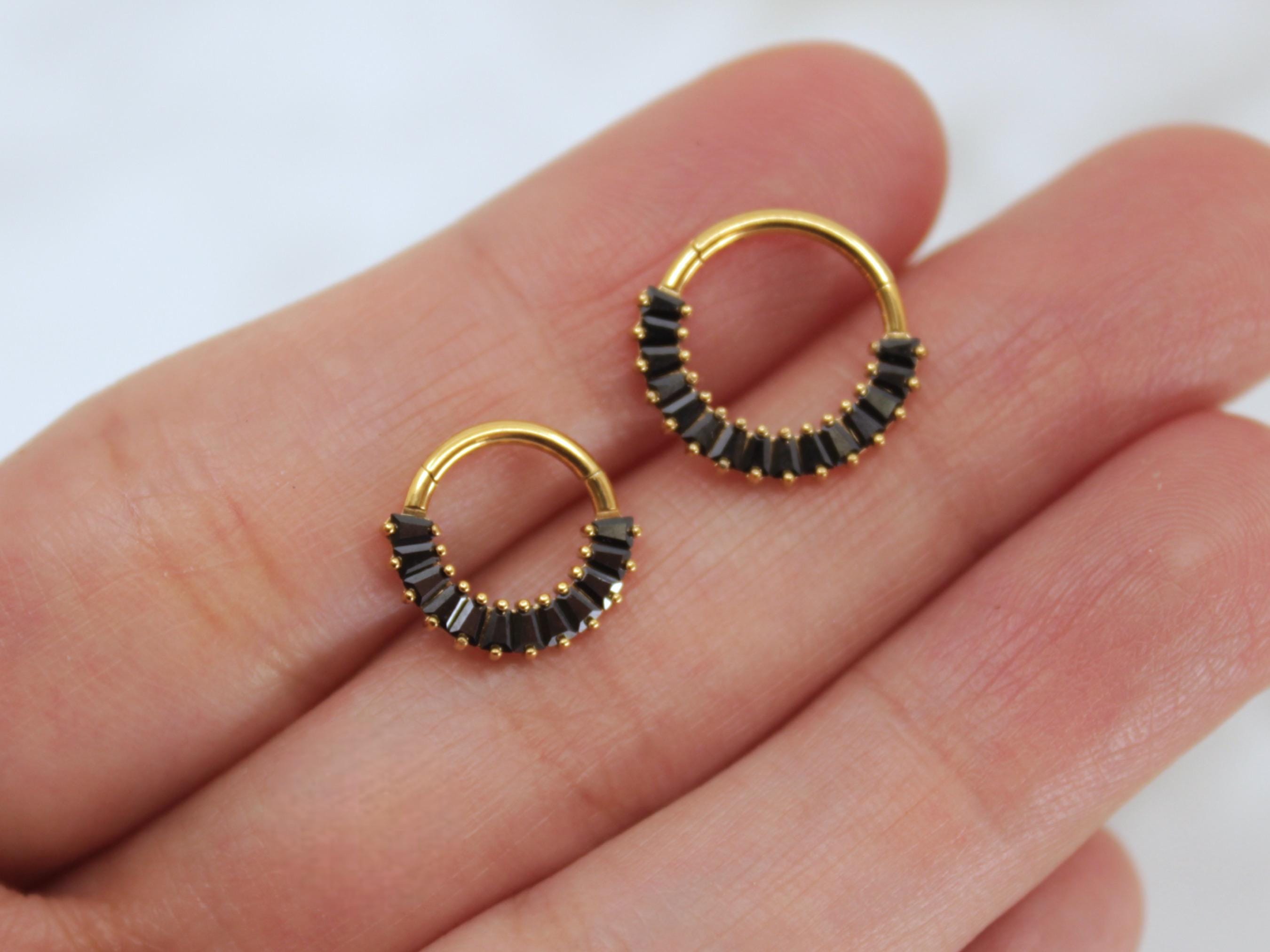 Titanium Black Septum Clicker Ring, Black Marquise Front Facing Gem Hinged Segment Septum Ring, 16g Septum Piercing Jewelry, Nose Jewelry