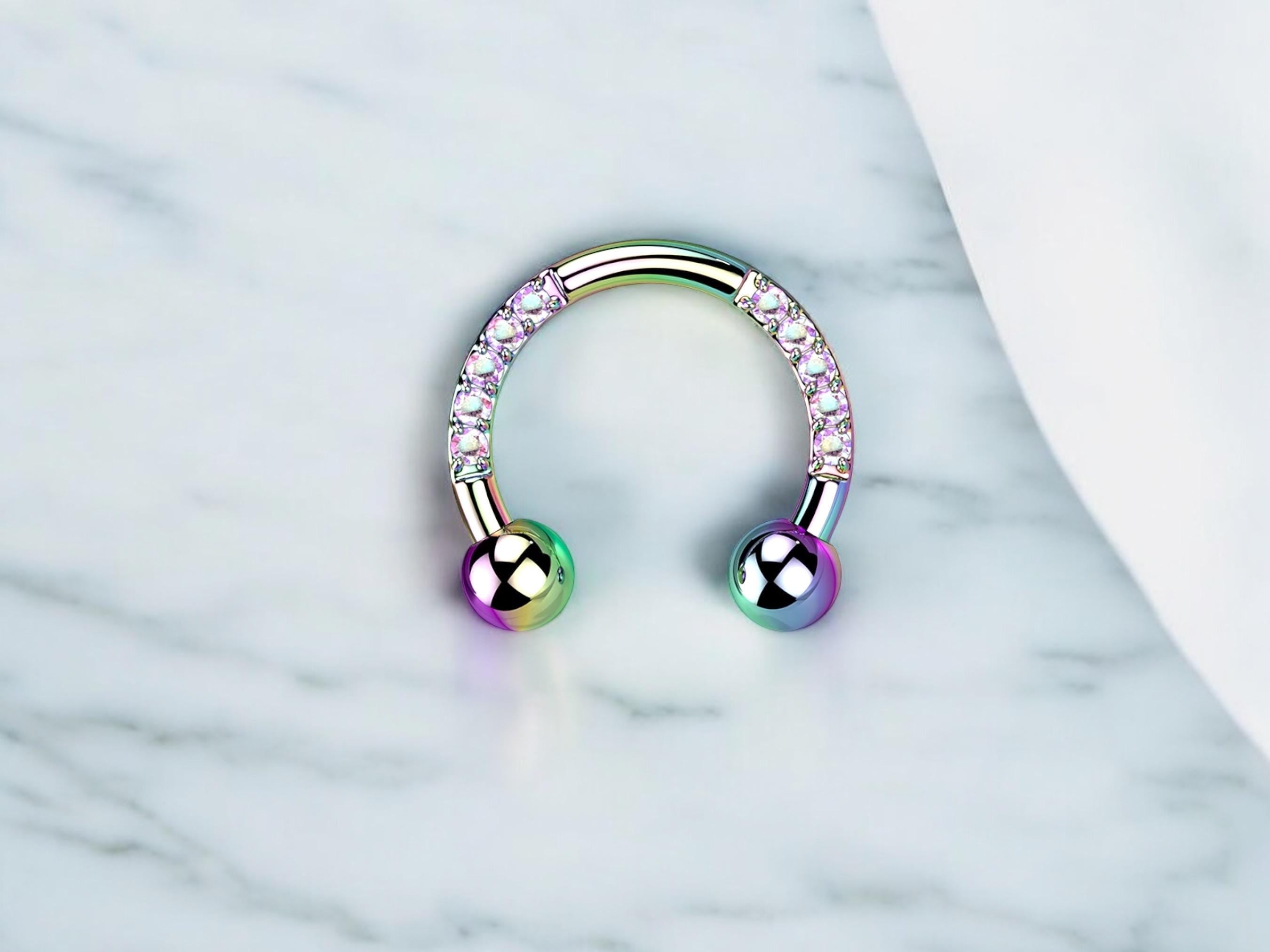 Titanium Horseshoe Rainbow Septum Ring with CZ Crystals, 16g Front Facing Gems Septum Ring, Multicolor Hinged Septum Clicker,