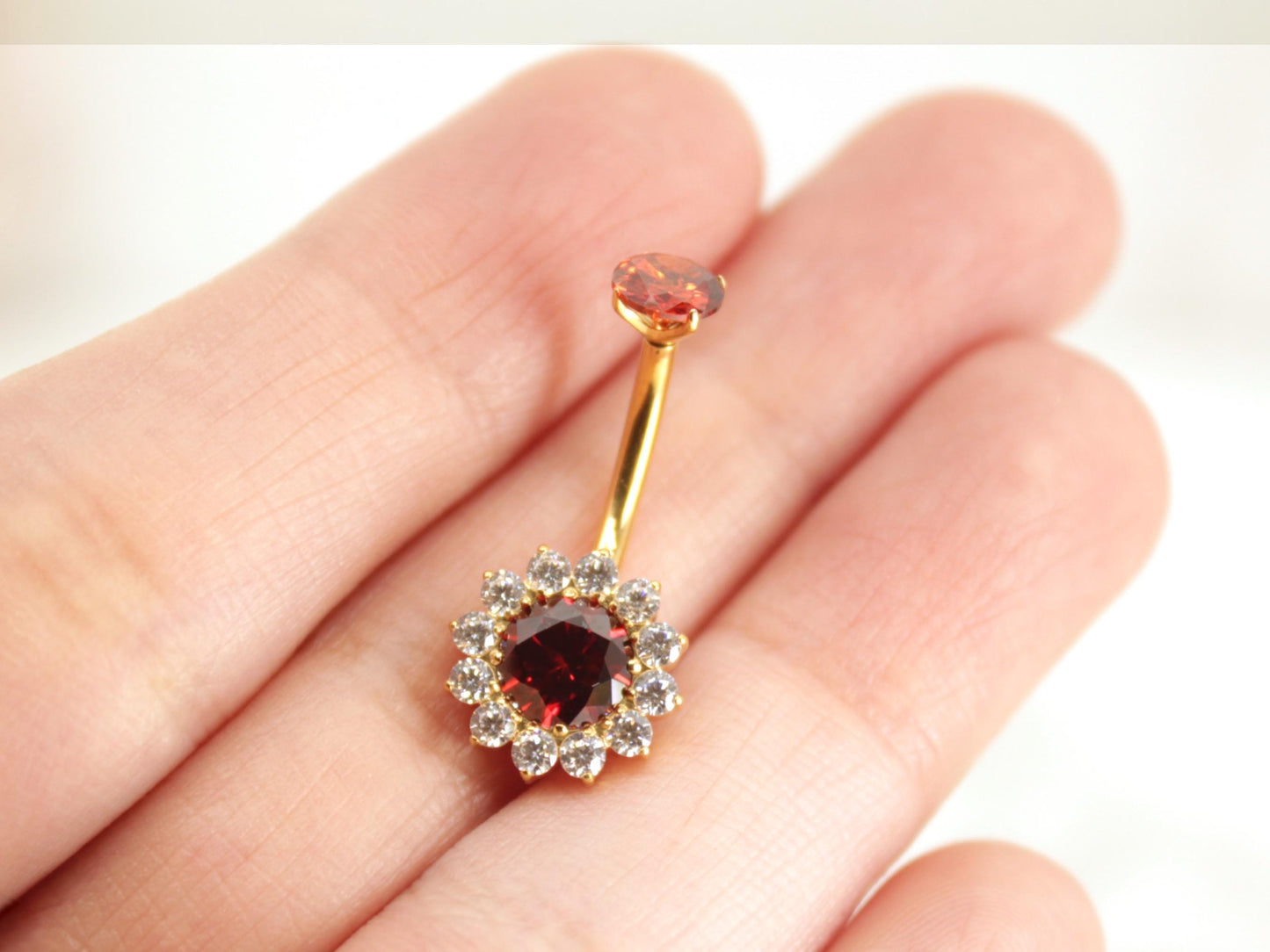 Ruby Titanium Belly Button Ring,Crystal Sparkle Gem Floral Belly Button Ring Piercing Jewelry, 14g Gold Navel Piercing Ring,Gift for her.
