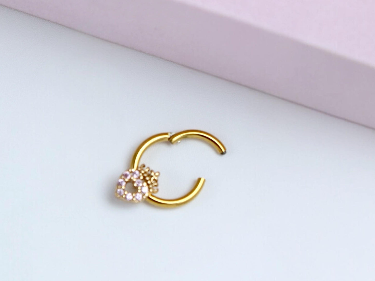 16G Gold Septum Clicker Ring Hoop, Dainty Pink Heart Septum Piercing Jewelry, Septum Nose Piercing Body Jewelry. Gold Nose Jewelry