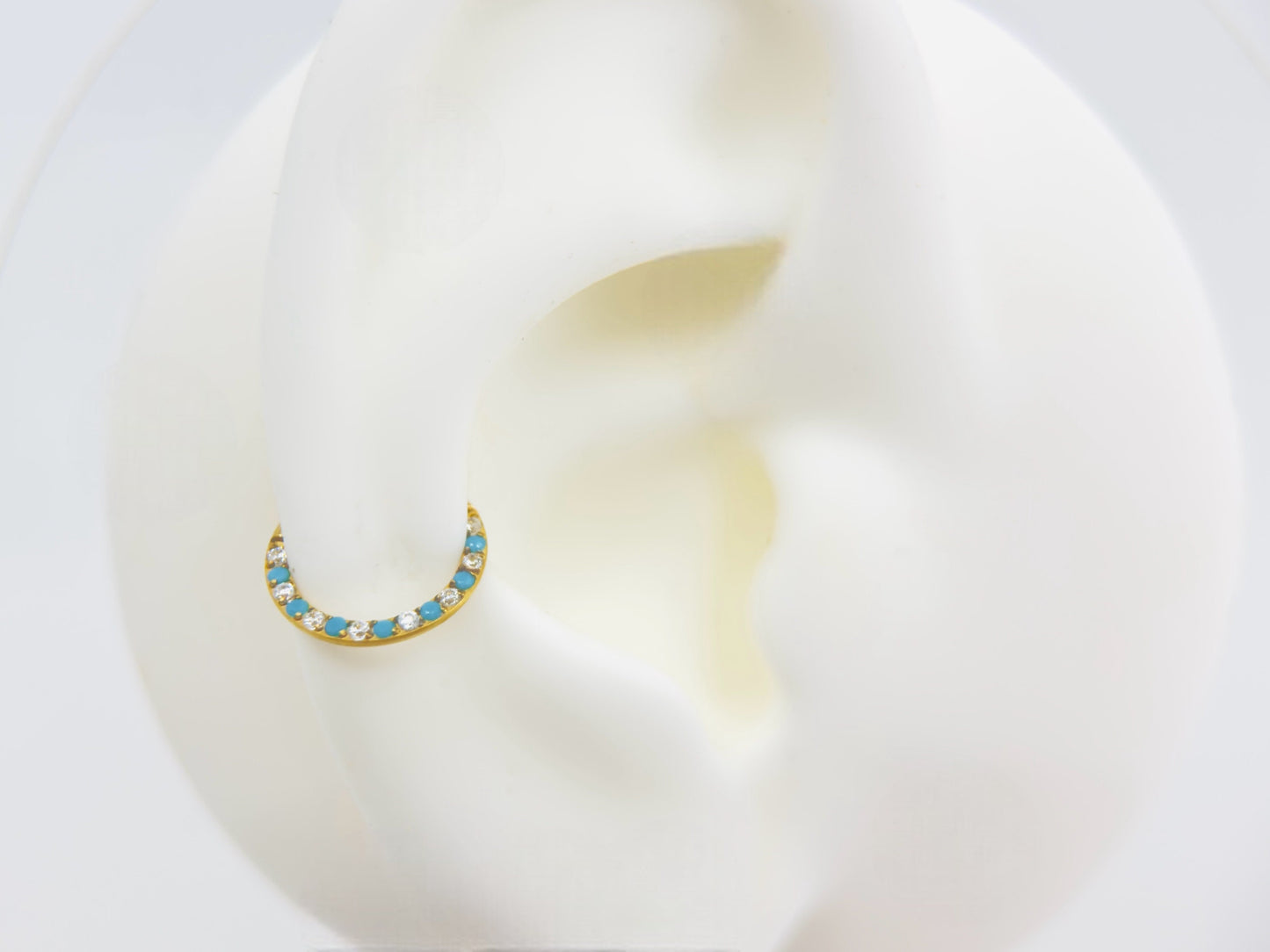 Implant Grade Titanium Gold Blue Gem Septum Clicker, Front Gem Nose Piercing Septum Hoop ring , Turquoise Gem Gold Nose Hoop Ring Jewelry