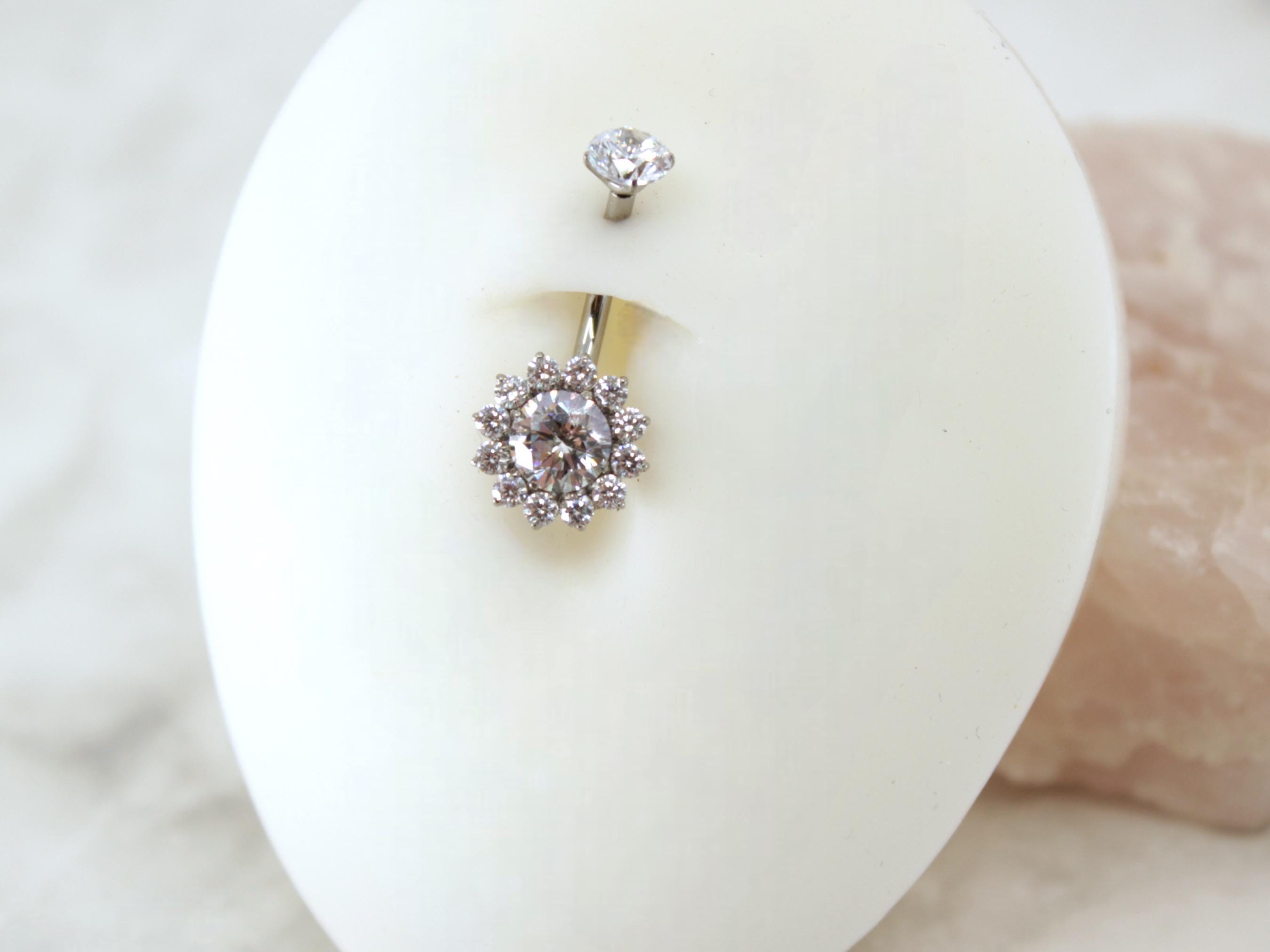 NEW • 14G Titanium Silver Belly Button Ring, Clear Sparkle Gem Floral Decor Belly Button Ring Piercing Jewelry, Navel Piercing Ring