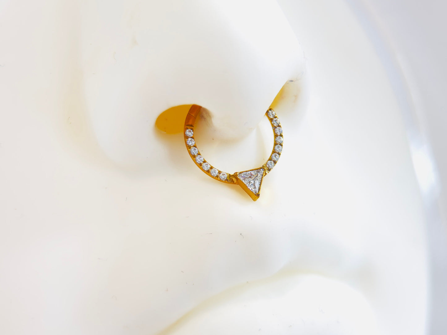 16g Gold CZ Sparkling Multi-Gem Septum Ring. V cut shaped clicker hoop ring. Clear Gem Seamless Septum Ring.