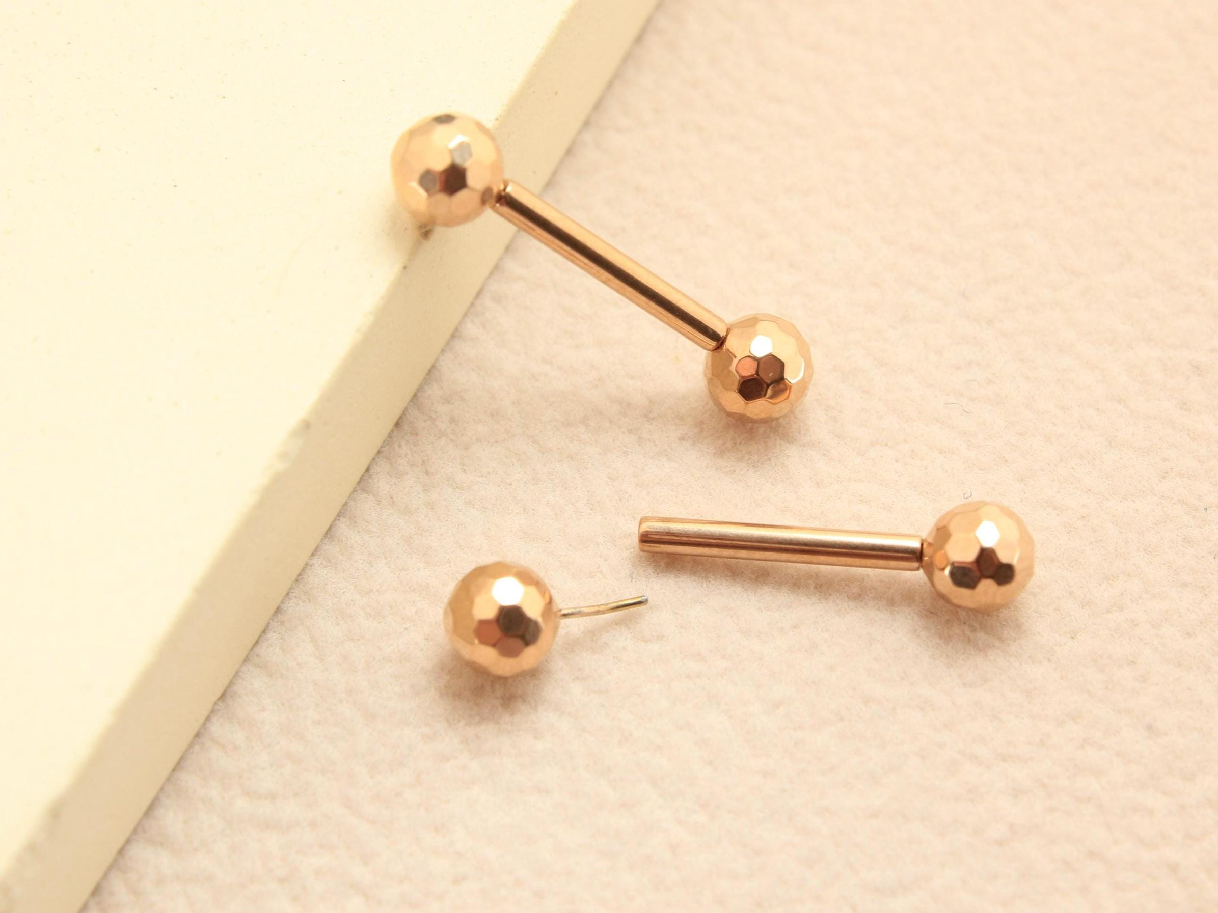 Rosegold Titanium Nipple Barbell, 14G Disco Ball End Threadless Push In Nipple Ring Jewelry,Pair of 2 Nipple Piercing, Push In Body Jewelry