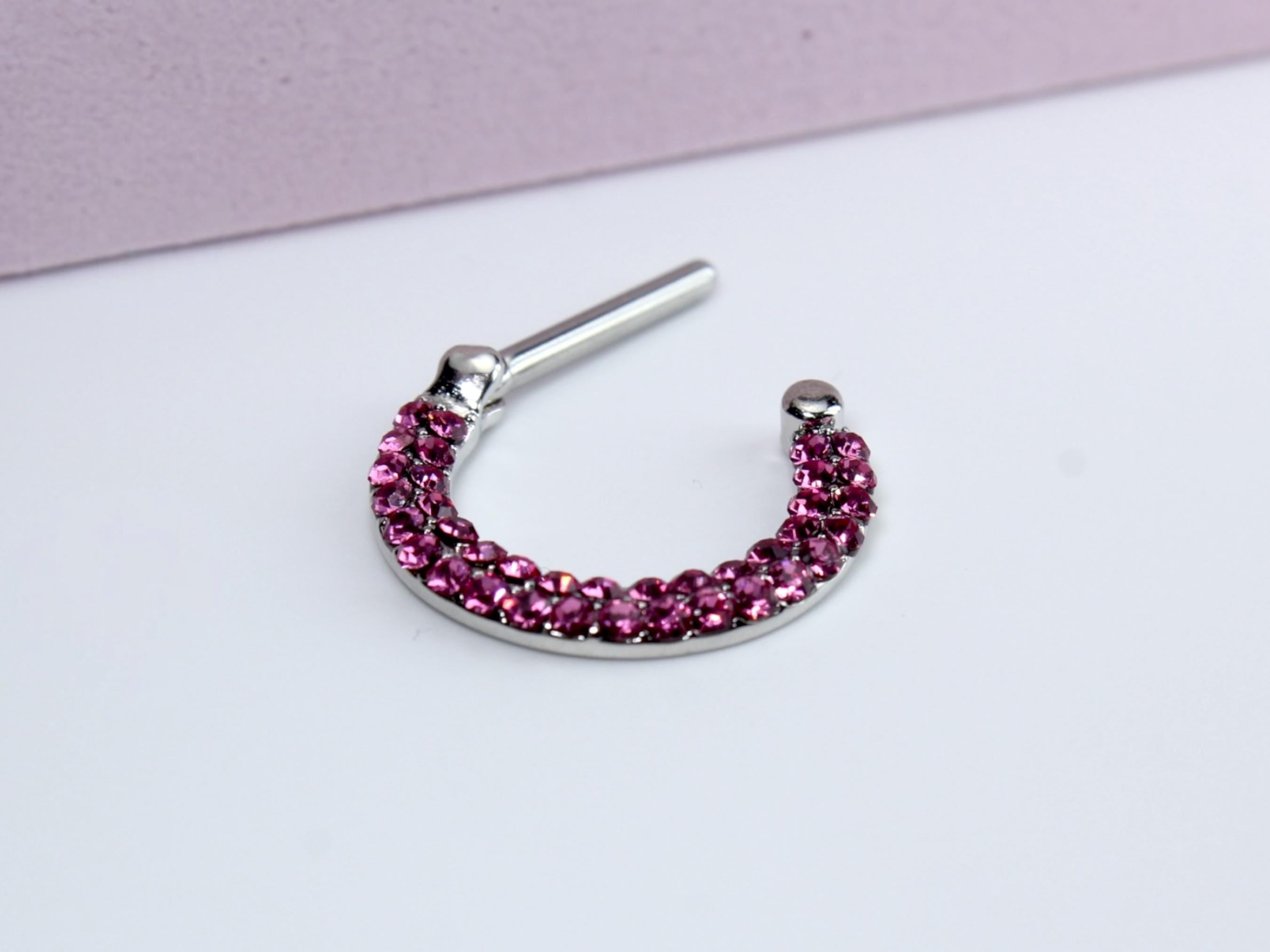 16G Septum Clicker Ring, Pink Double Line Crystal Gem Decor Hinged Septum Nose Piercing Jewelry, Dainty Nose Septum Hoop Ring,