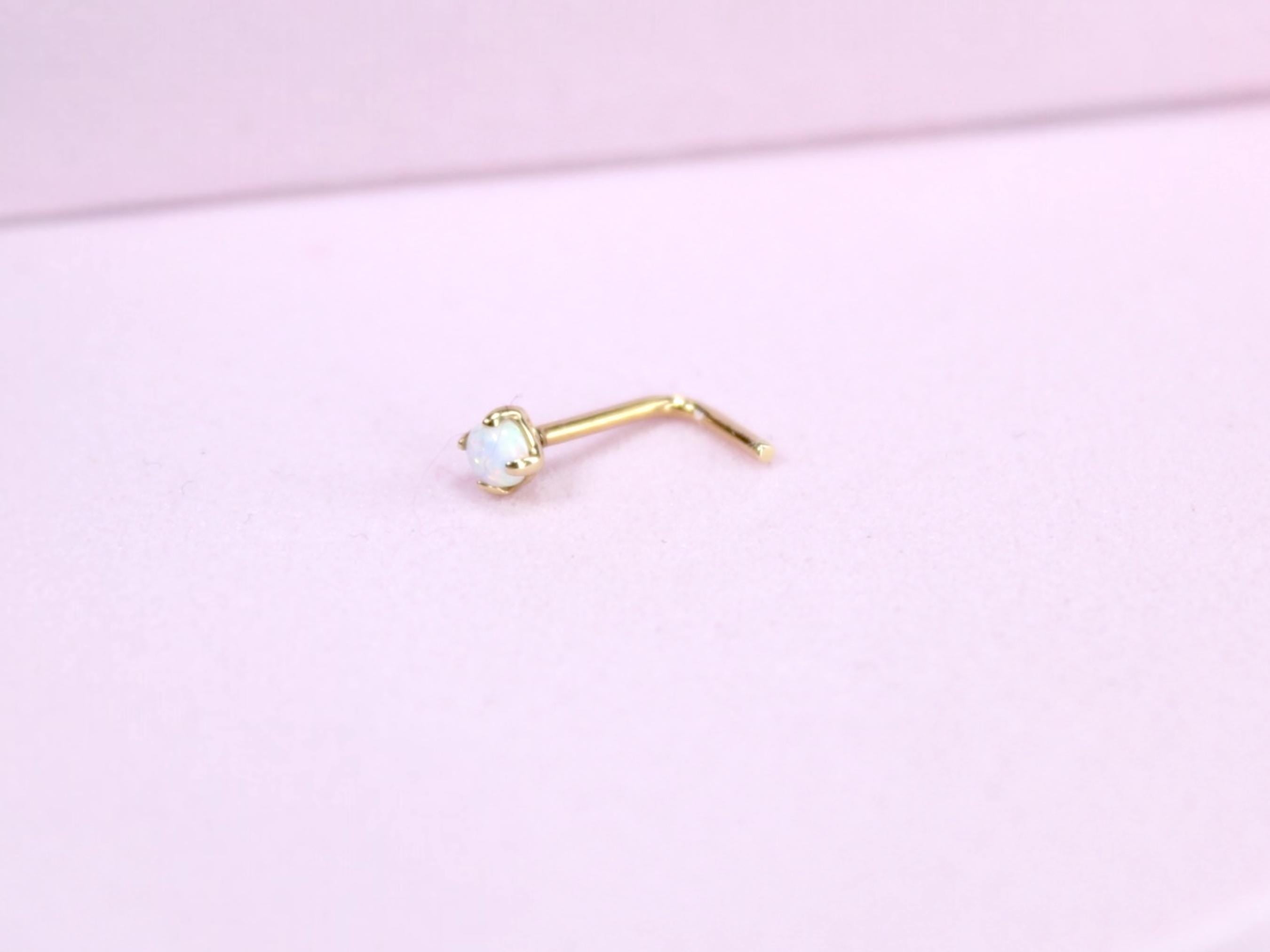 14K Gold Opal Nose Stud, White Opal L-Shaped Nose Ring, 20G Solid Gold Piercing Jewelry, Minimalist Dainty Nose Stud, Gold Body Jewelry