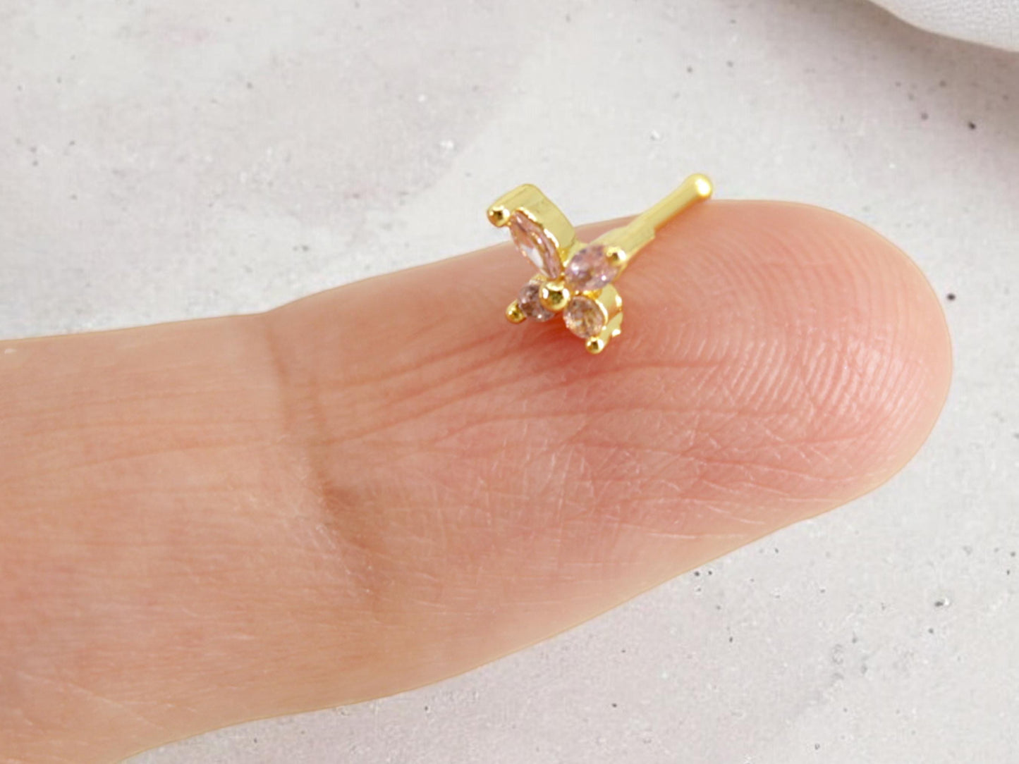 New • Dainty Butterfly Nose Stud, Pink Gemstone Butterfly Nose Stud Ring, 20g Nose Piercing Jewelry, Butterfly Nose Bone Stud Jewelry.