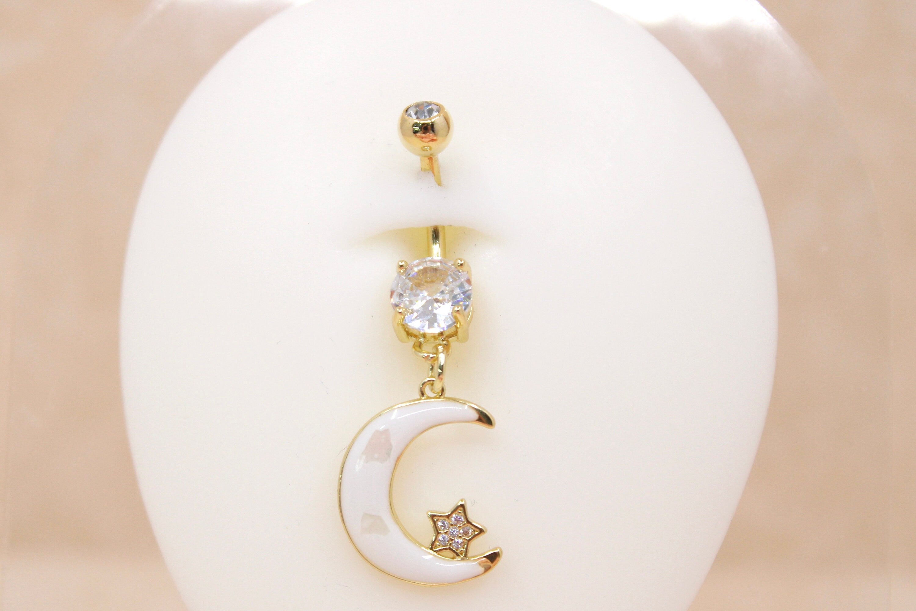 Moon Belly Ring, White Moon & Star Dangling Belly Button Ring Piericng Jewelry, Clestial Themed Jewelry, 14g  Navel Piercing
