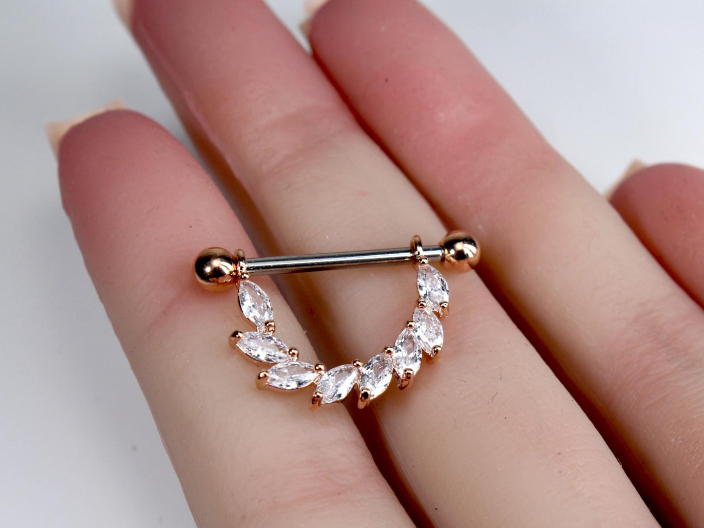 Marquise Vine Nipple Ring, Floral Decor Rose Gold Accent Dangle Gem Nipple Piercing Barbell, 14g Nipple Jewelry, Set of 2