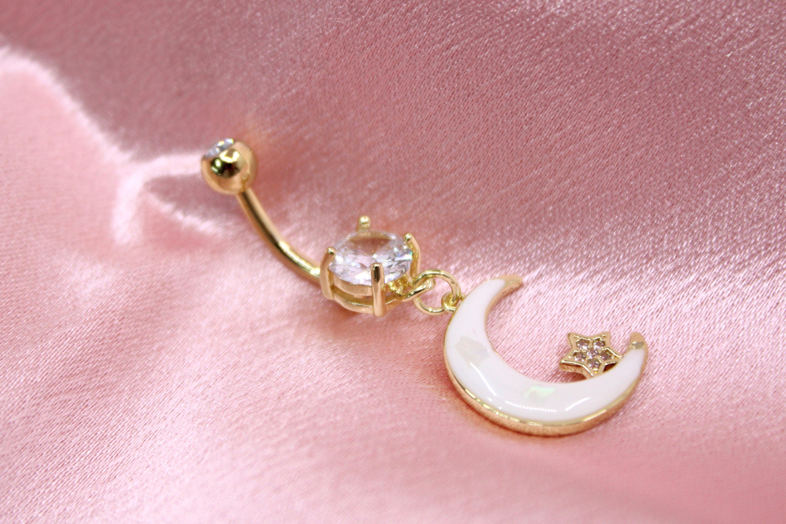 Moon Belly Ring, White Moon & Star Dangling Belly Button Ring Piericng Jewelry, Clestial Themed Jewelry, 14g  Navel Piercing