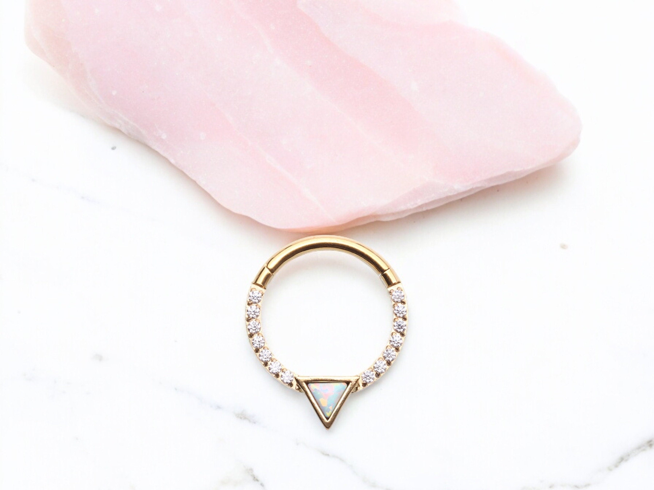 16g Gold Opal Triangle Multi-Gem Septum Clicker Hoop. CZ V-cut shaped clicker hoop ring. Seamless Septum Ring. Nose Piercing Jewelry.