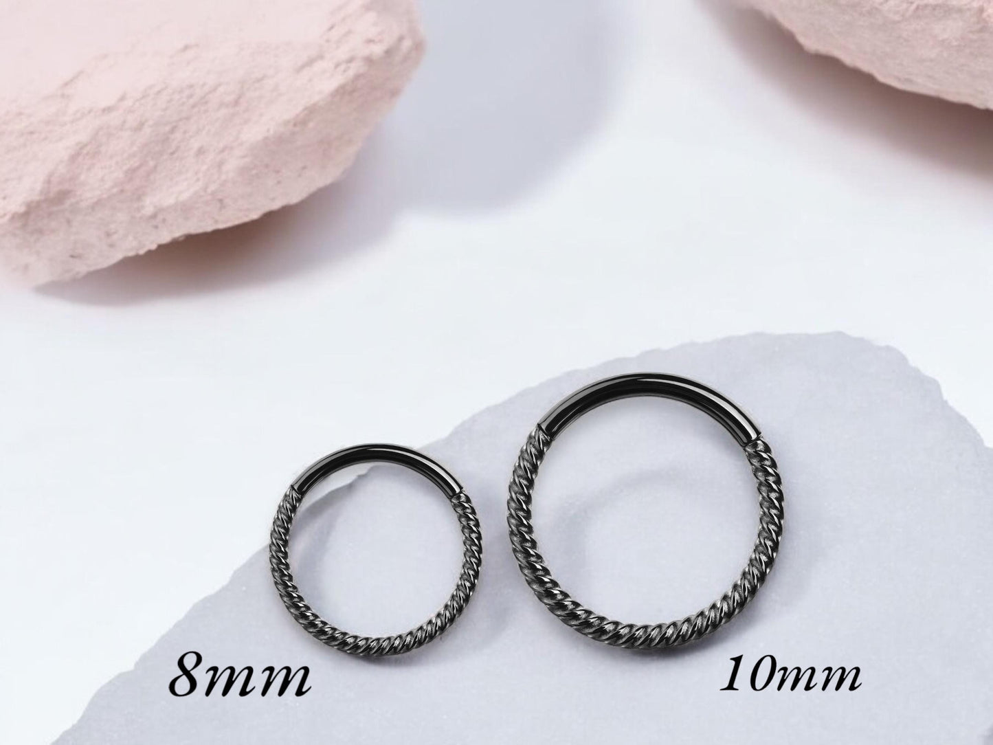16g Black Septum Hoop Ring, Twisted Rope Style Hinged Hoop Segment Septum Clicker Ring Piercing, Nose Jewelry