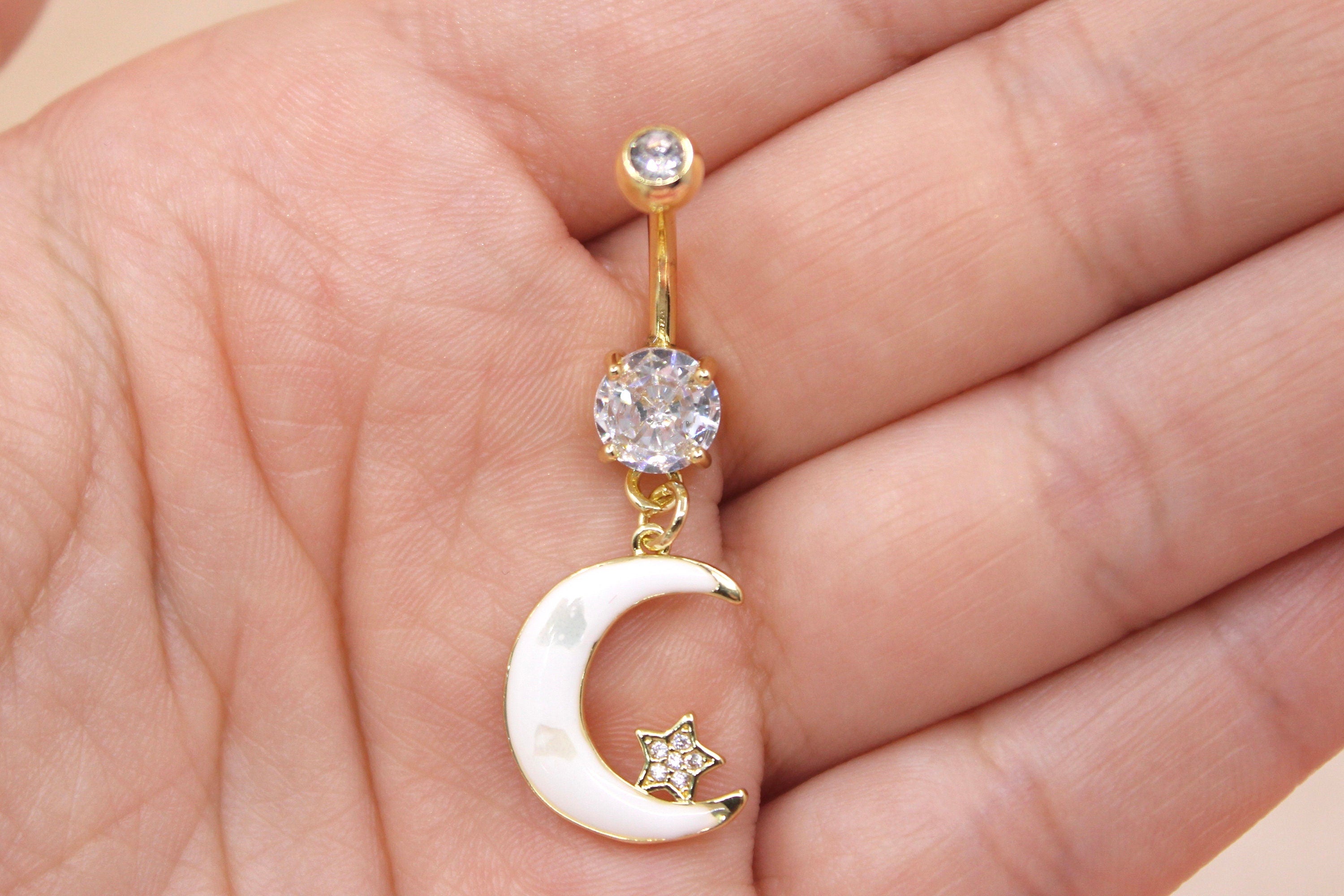 Moon Belly Ring, White Moon & Star Dangling Belly Button Ring Piericng Jewelry, Clestial Themed Jewelry, 14g  Navel Piercing