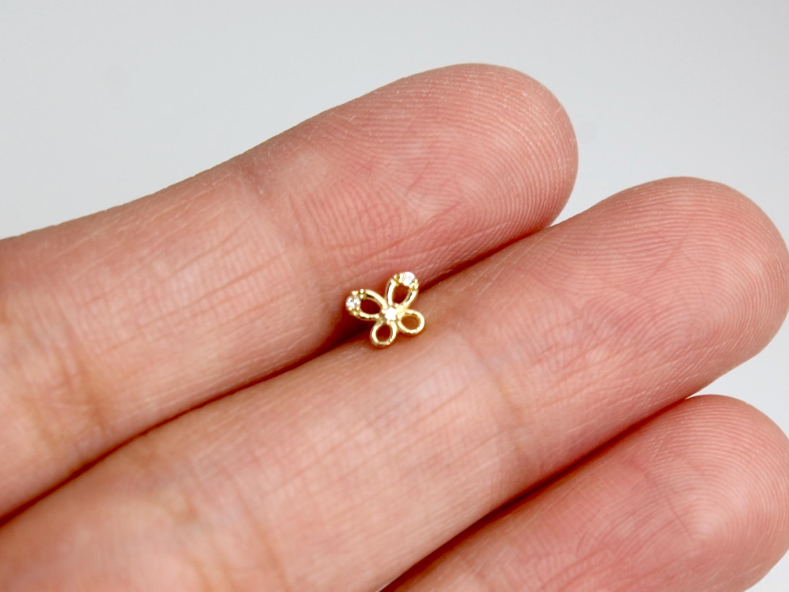 14k Gold Butterfly Nose Stud, Dainty Gold L Shape Sparkling Nose Ring Piercing, 20g Solid Yellow Gold Nose Jewelry, Minimalist Nose Jewelry