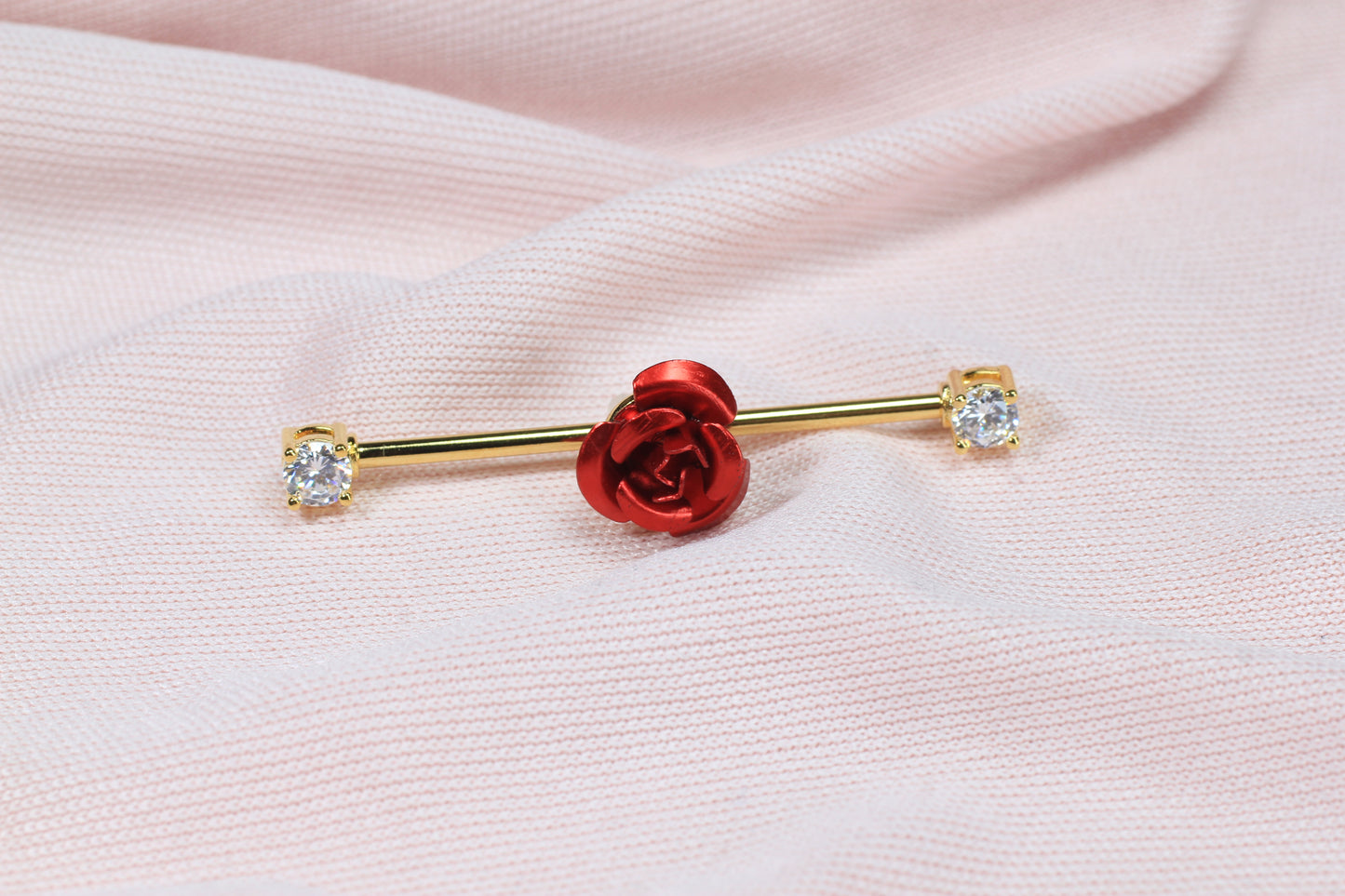 14G Red Rose Floral Industrial Barbell – Dainty Flower Industrial Piercing, 35mm Cartilage Scaffold Barbell Body Jewelry