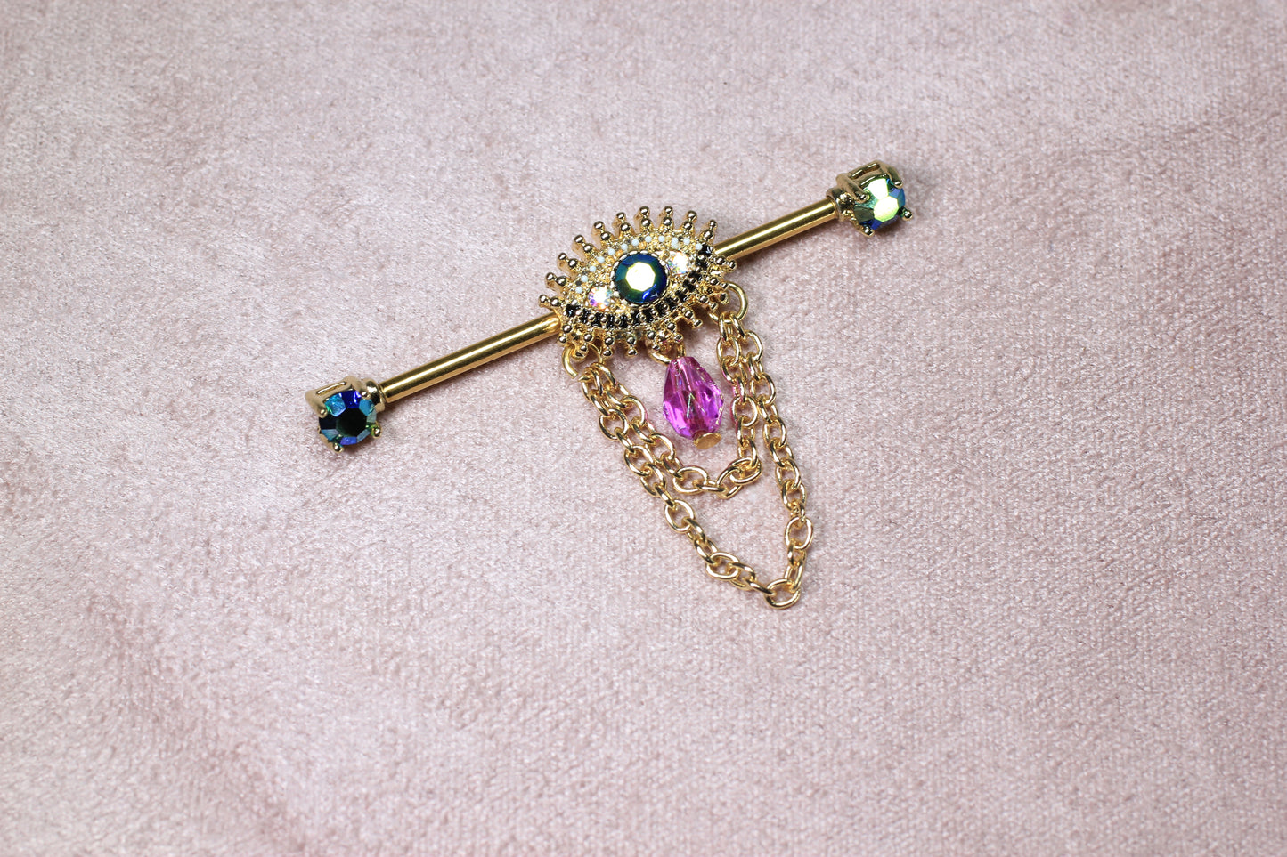 Evil Eye Dangling Industrial Barbell.