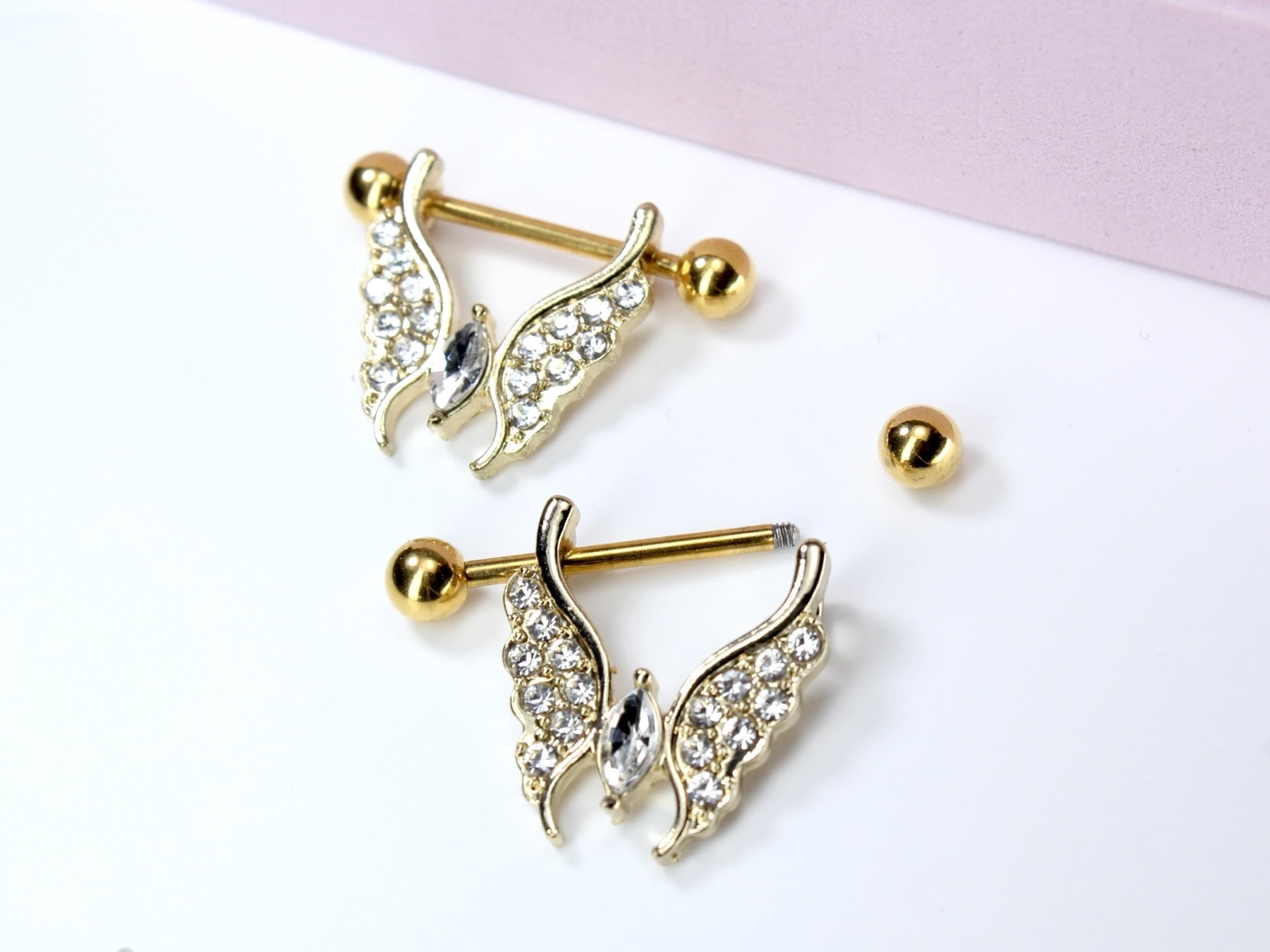 Gold Butterfly Nipple Ring, 14G Sparkling Butterfly Decor Nipple Piercing Jewelry, Set of 2 Gold Butterfly Nipple Ring Piercing Jewelry