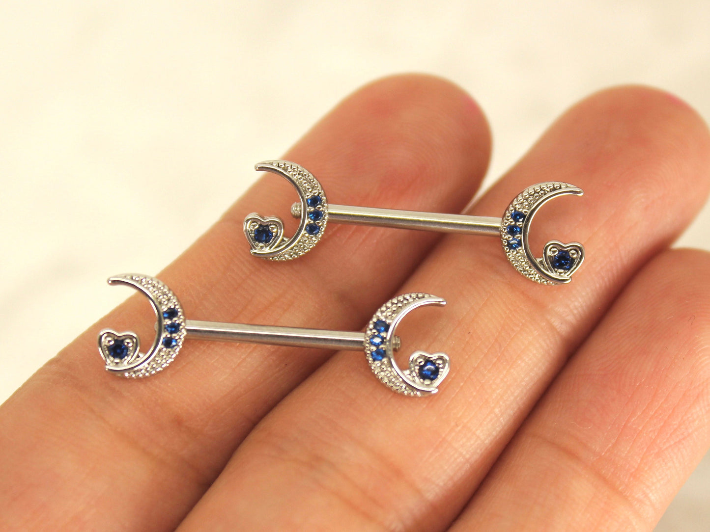 Crescent Moon Nipple Ring, Blue Sapphire Gem Crescent Moon & Heart Nipple Piercing Jewelry Barbell, 14g Nipple Ring Body Jewelry