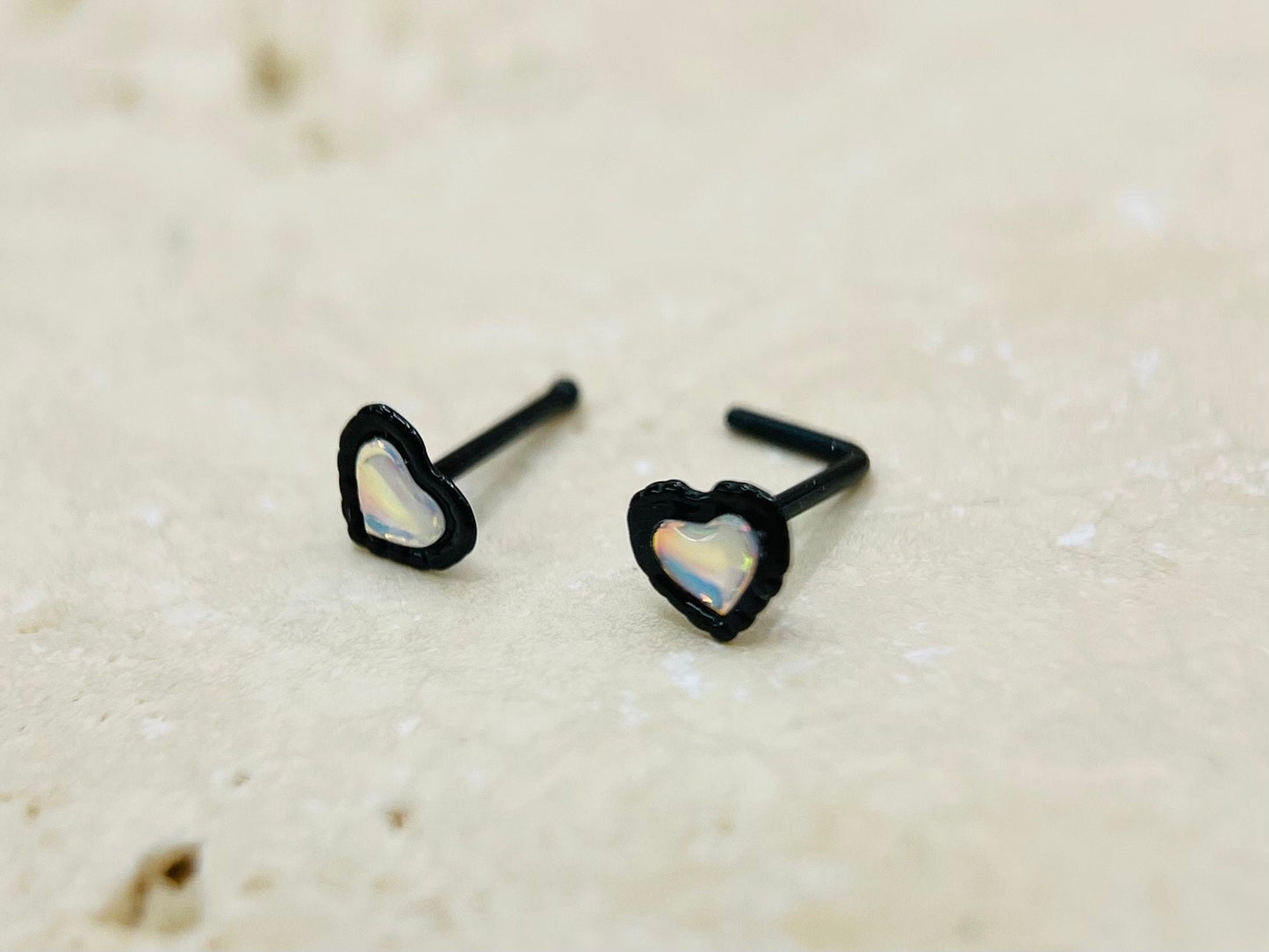 Black Heart Moonstone Nose Stud, 20g L Shape and Ball End Nose Stud, Nose Piercing Body Jewelry
