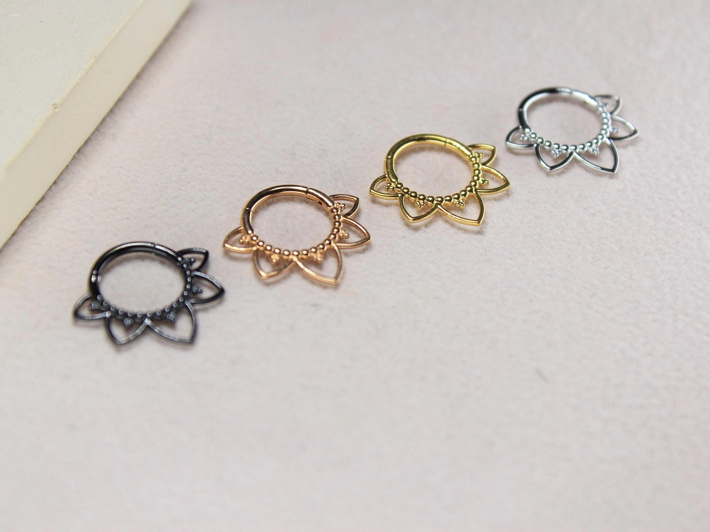 16g Titanium Lotus Septum Clicker Ring, 8mm 10mm Beaded Decor Floral Septum Nose Piercing, Gold Septum Hoop Ring Body Jewelry