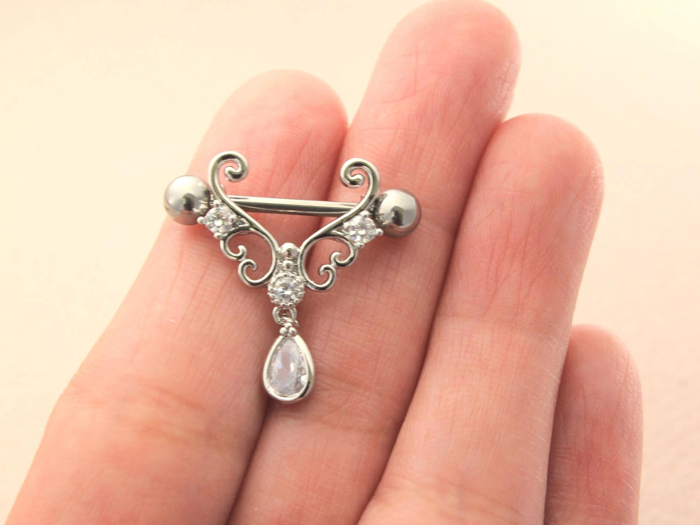 14g Nipple Barbell Piercing , Dangling Teardrop Heart Nipple Ring, Filigree Nipple Piercing, Minimalist Body Jewelry