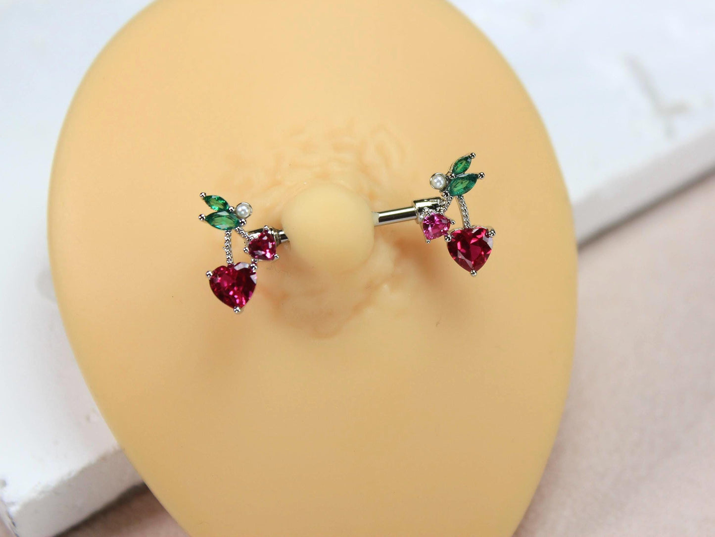 14G Dainty Cherry Nipple Barbell, Dangle Heart Nipple Ring Piercing, Surgical Steel Body Jewelry.